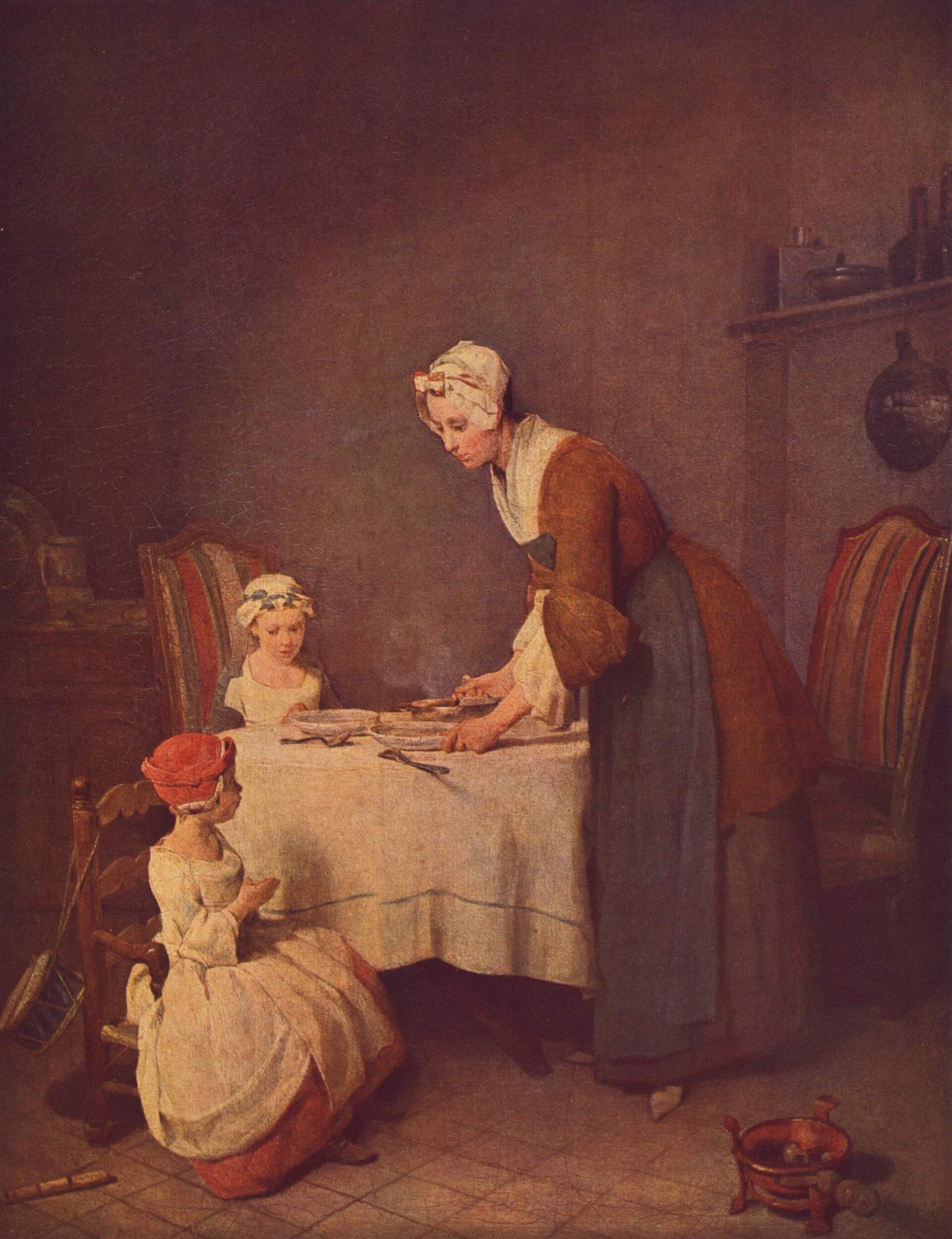 2 John 2 A mother in a white cap and apron sets bowls on a small table while her two young daughters sit with hands folded, the younger one saying grace before the meal