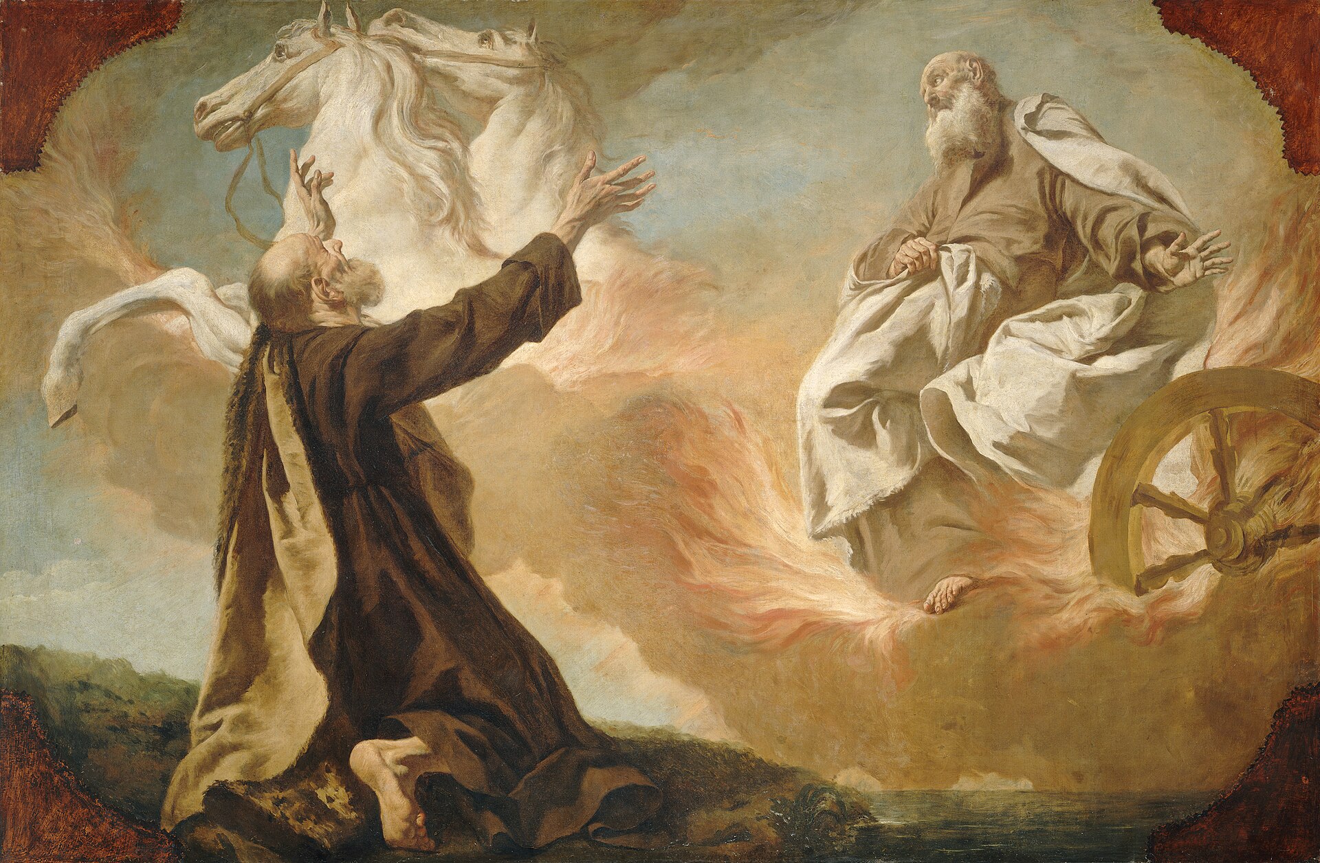 Elijah swept up into a stormy sky in a chariot drawn by fiery horses, his mantle falling toward Elisha, who reaches after him from the ground, in a painting by Giuseppe Angeli