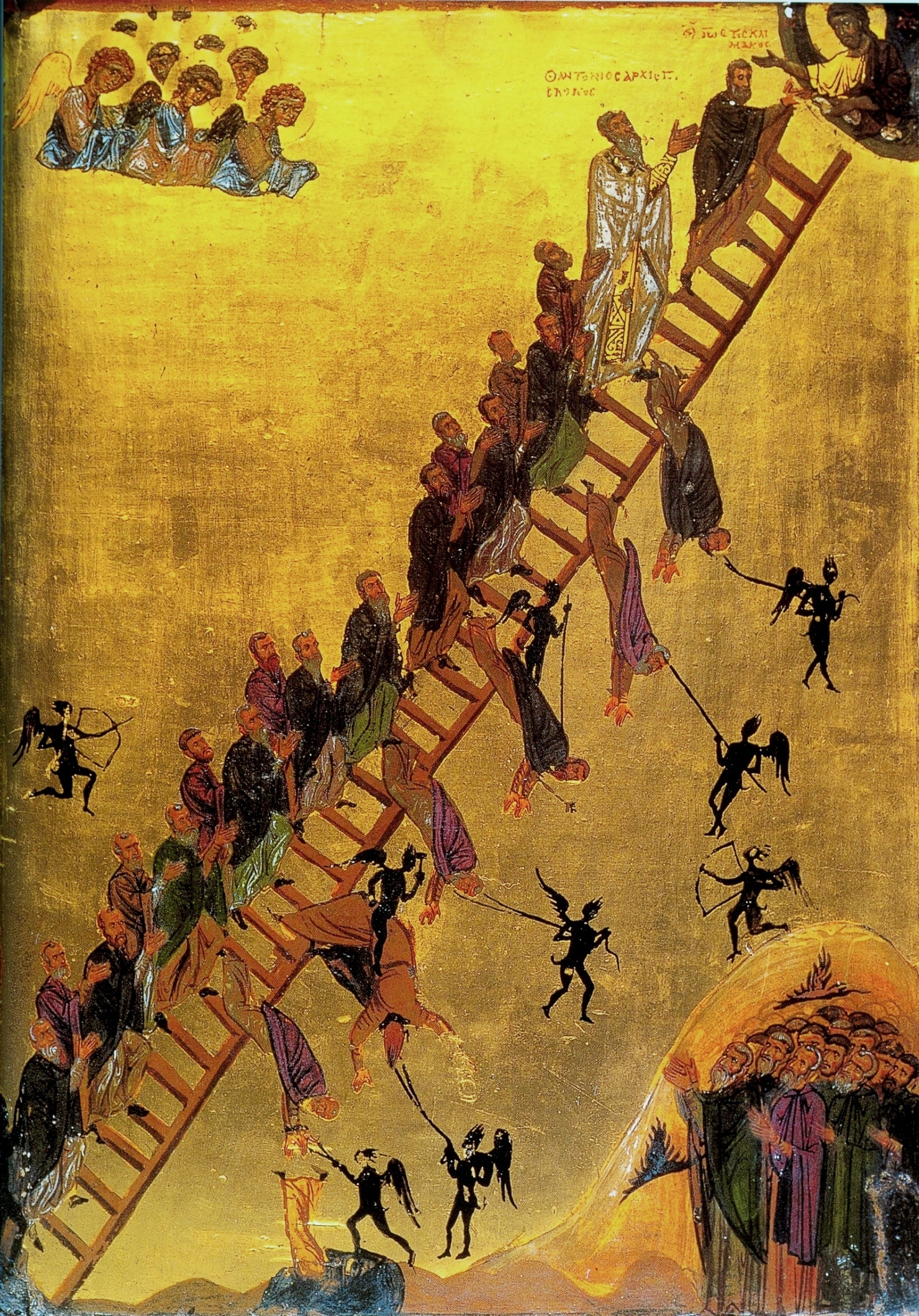 A gold-ground icon of a long ladder rising diagonally toward Christ in the top corner; robed figures climb it step by step while small black winged demons with ropes and arrows pull others off, and angels watch from above