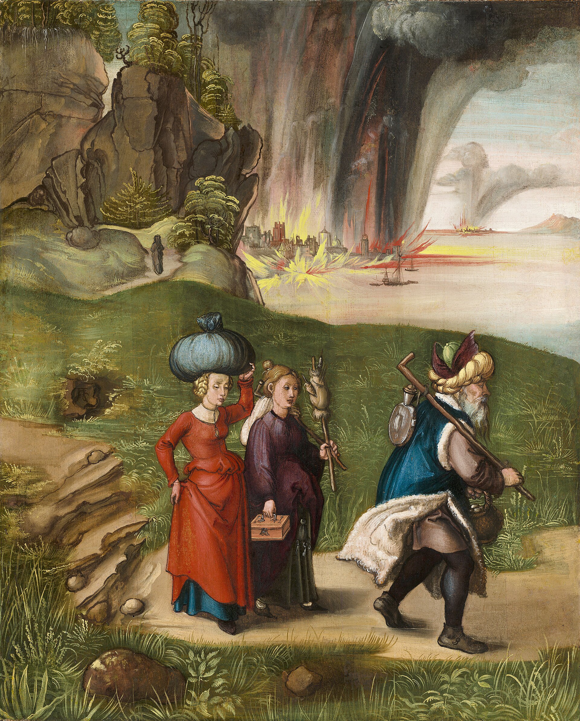 There Shall Be False Teachers 1 Lot, an old man with a staff and bundles over his shoulder, strides along a country path with his two daughters carrying their belongings, while behind them the cities of the plain burst into flame beneath a dark column of smoke, and a small figure of Lot's wife stands on a distant hill
