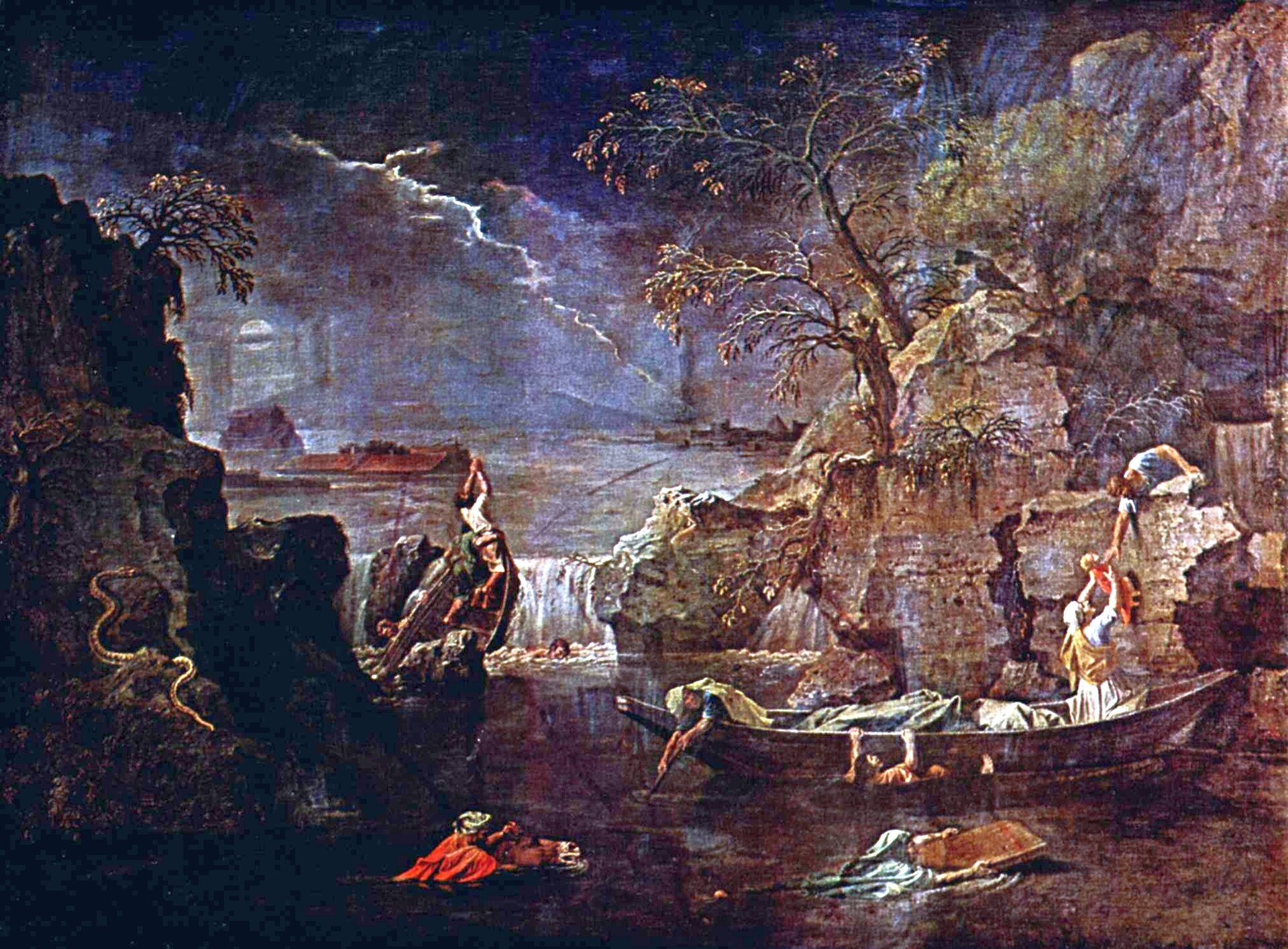 A dark, storm-lit landscape under rising floodwaters: lightning cuts the night sky, people cling to a boat and to the rocks and hand a child up a cliff, a serpent slides over the stones, and the ark floats far off on the horizon