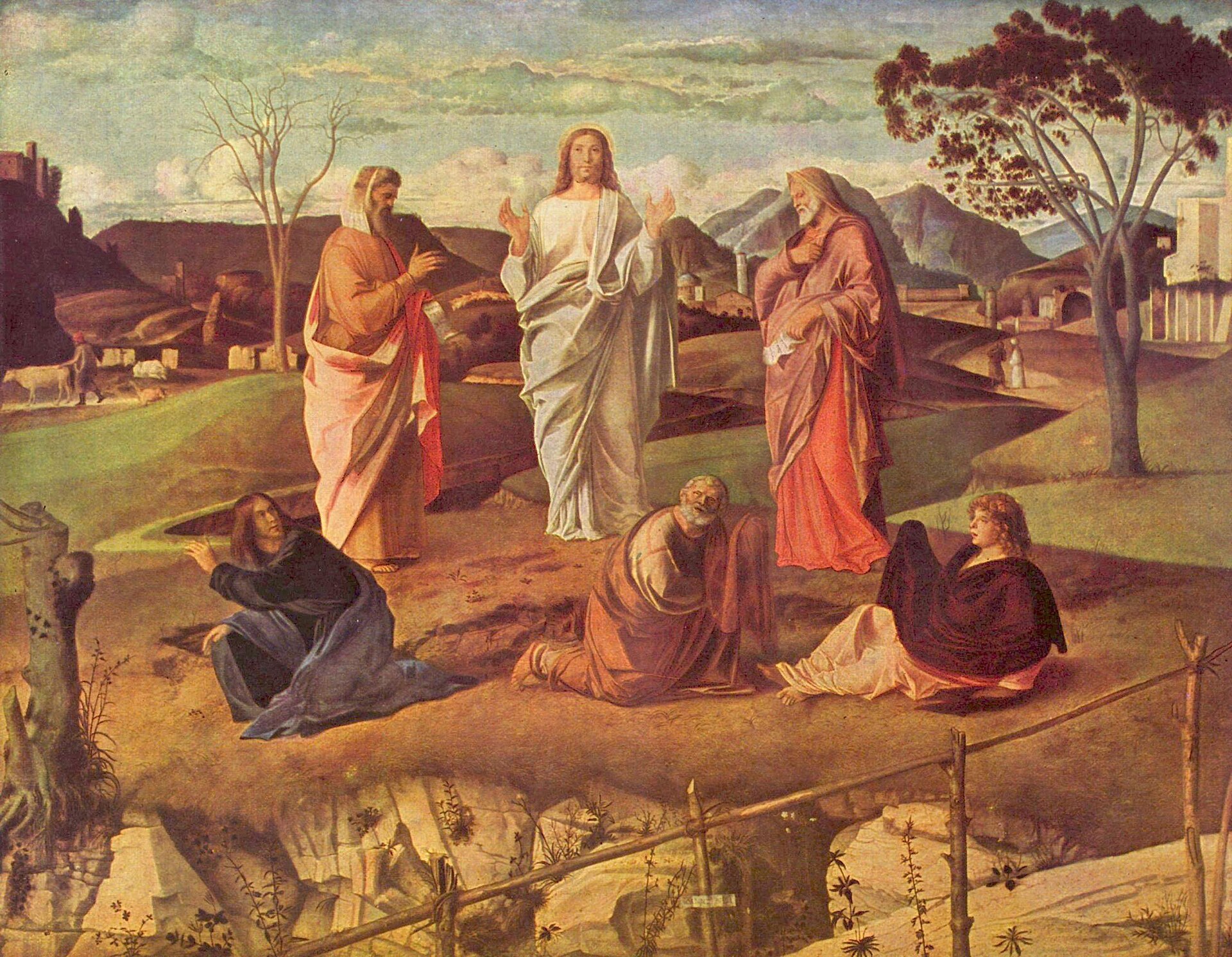 2 Peter 2 Christ standing in white robes on a grassy hilltop between Moses and Elijah, while Peter, James and John kneel and shrink back on the ground before Him, a wide Italian landscape stretching behind