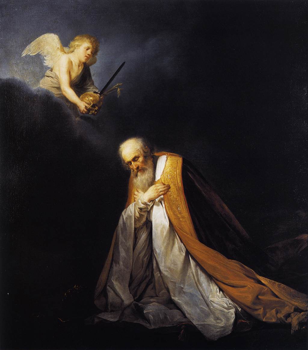 2 Samuel 2 King David, crowned, his harp set aside, kneeling with hands lifted in prayer and his face turned up toward the light, in a painting by Pieter de Grebber