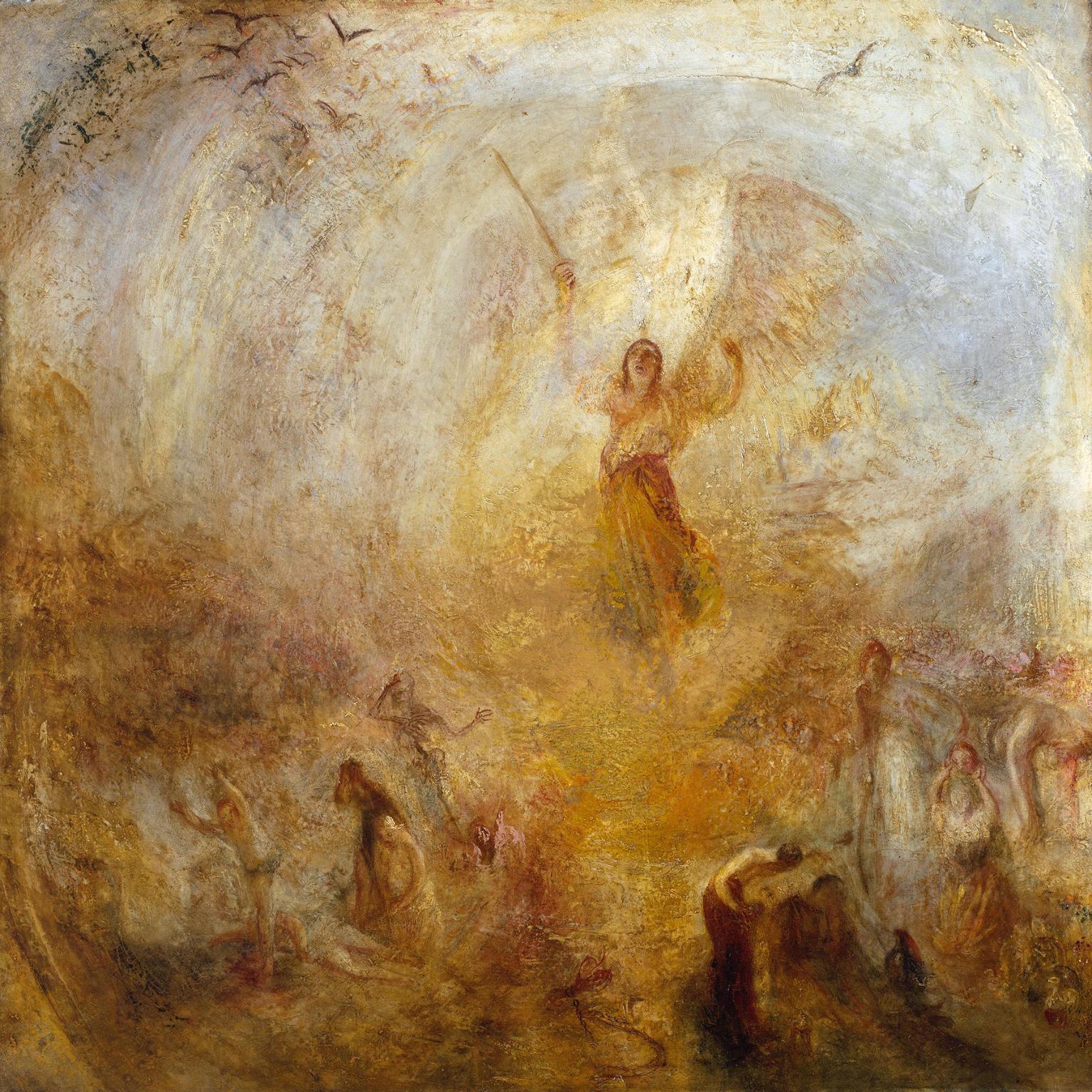 Turner's painting of a mighty angel with a raised sword standing in a blaze of golden light above shadowy figures on the earth