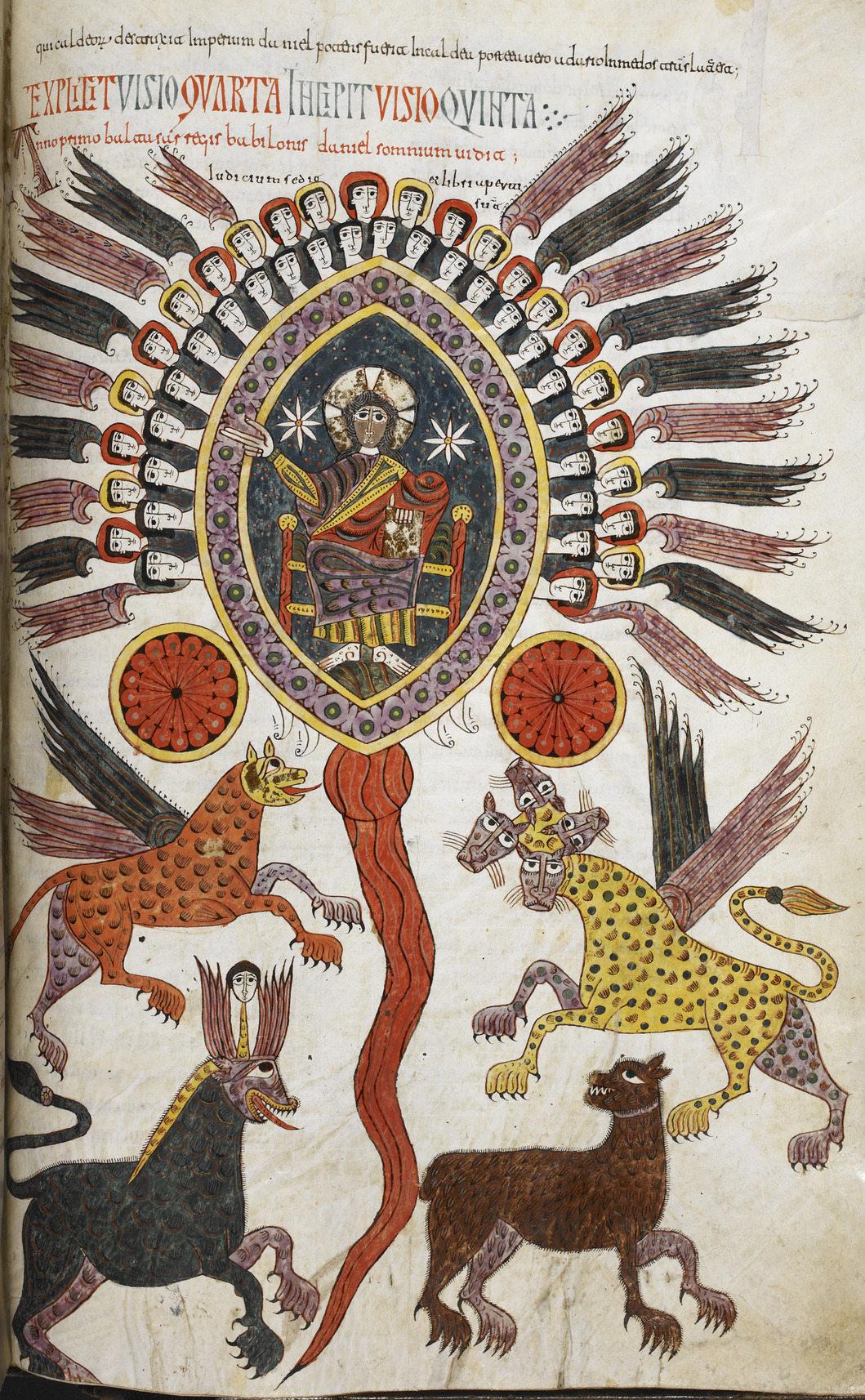 A medieval manuscript painting of Daniel's four beasts beneath the Ancient of Days enthroned in a blaze of light, a fiery stream flowing from His throne