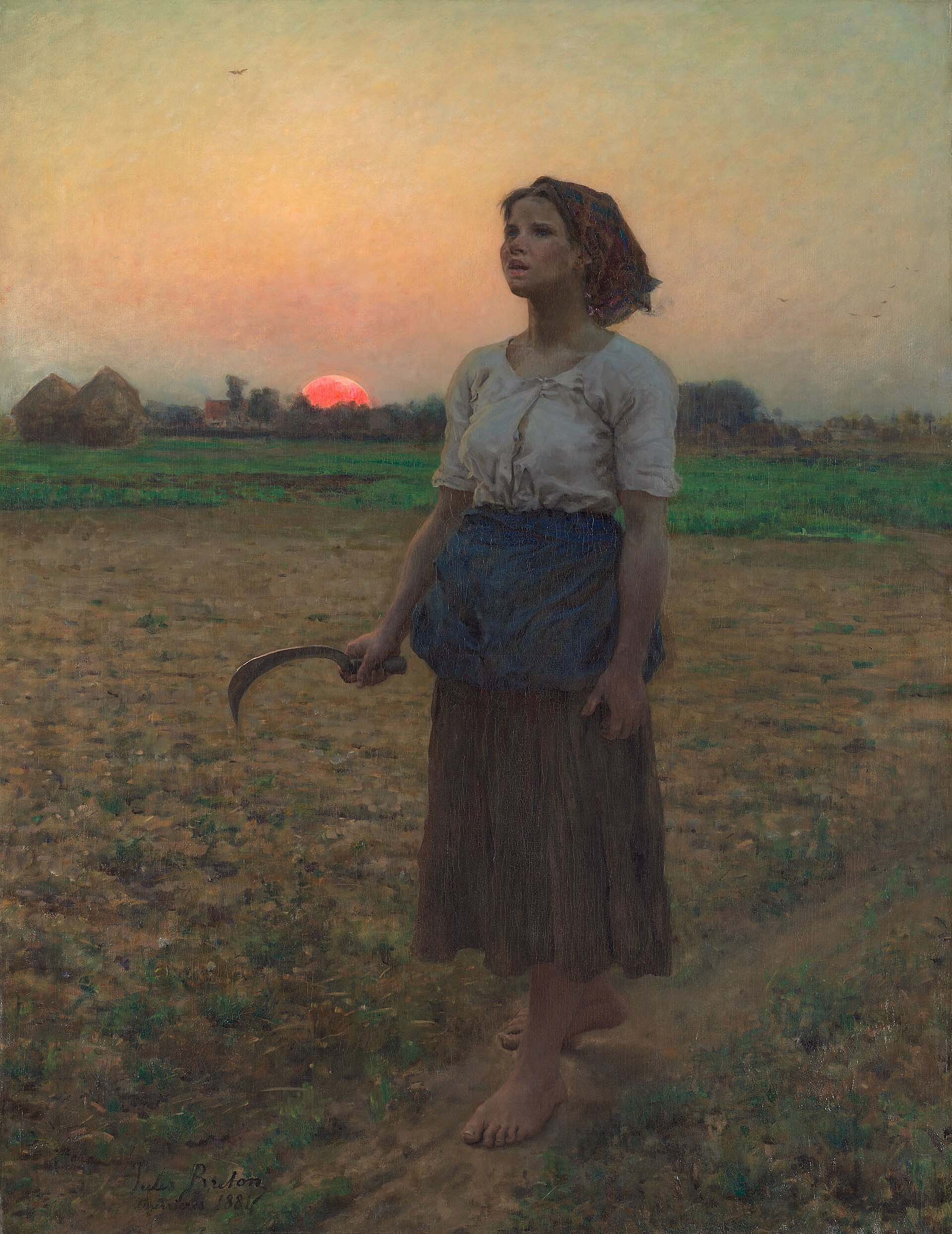 Breton's painting of a barefoot young field worker with a sickle, pausing at sunrise to look up as a lark sings