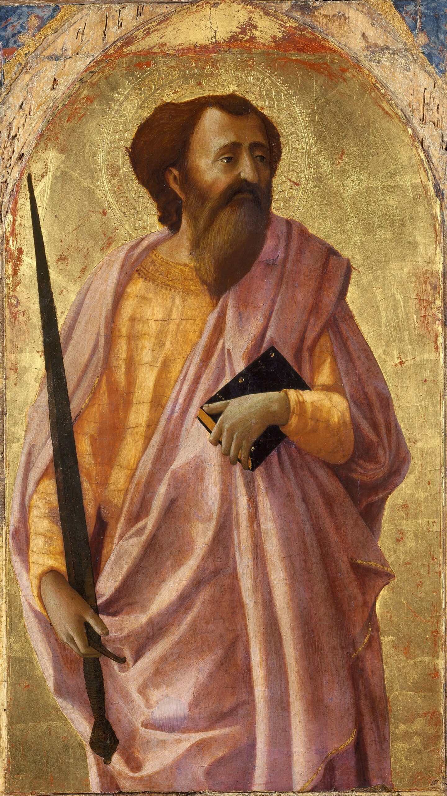 2 Thessalonians 2 Masaccio's panel of the Apostle Paul on a gold ground, wrapped in a rose mantle, holding a long sword and a closed book
