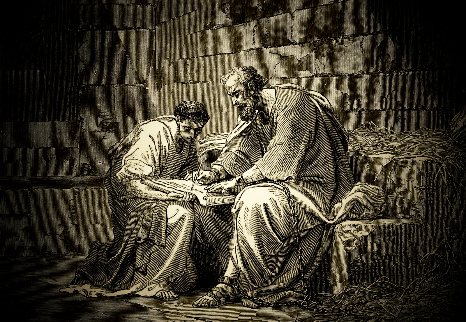 Doré's engraving of the aged Apostle Paul, chained in a stone cell, dictating a letter to a young companion who writes on a scroll