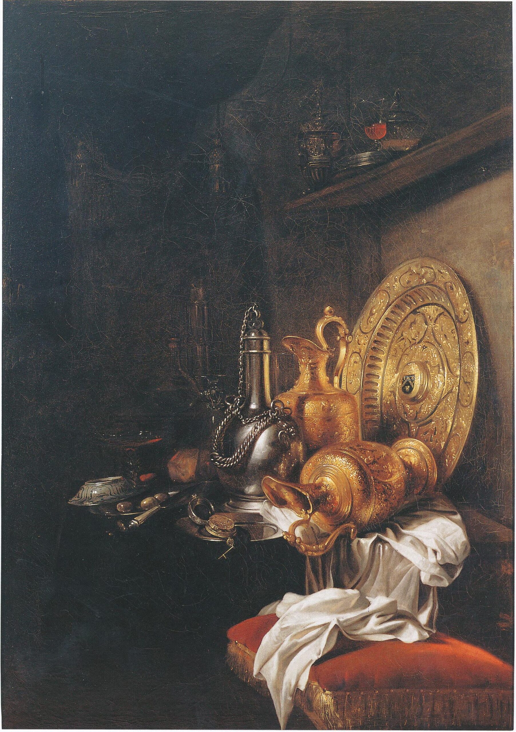 Kalf's painting of gleaming gold and silver ewers, a gilded platter and fine glass gathered on a table draped with a white cloth