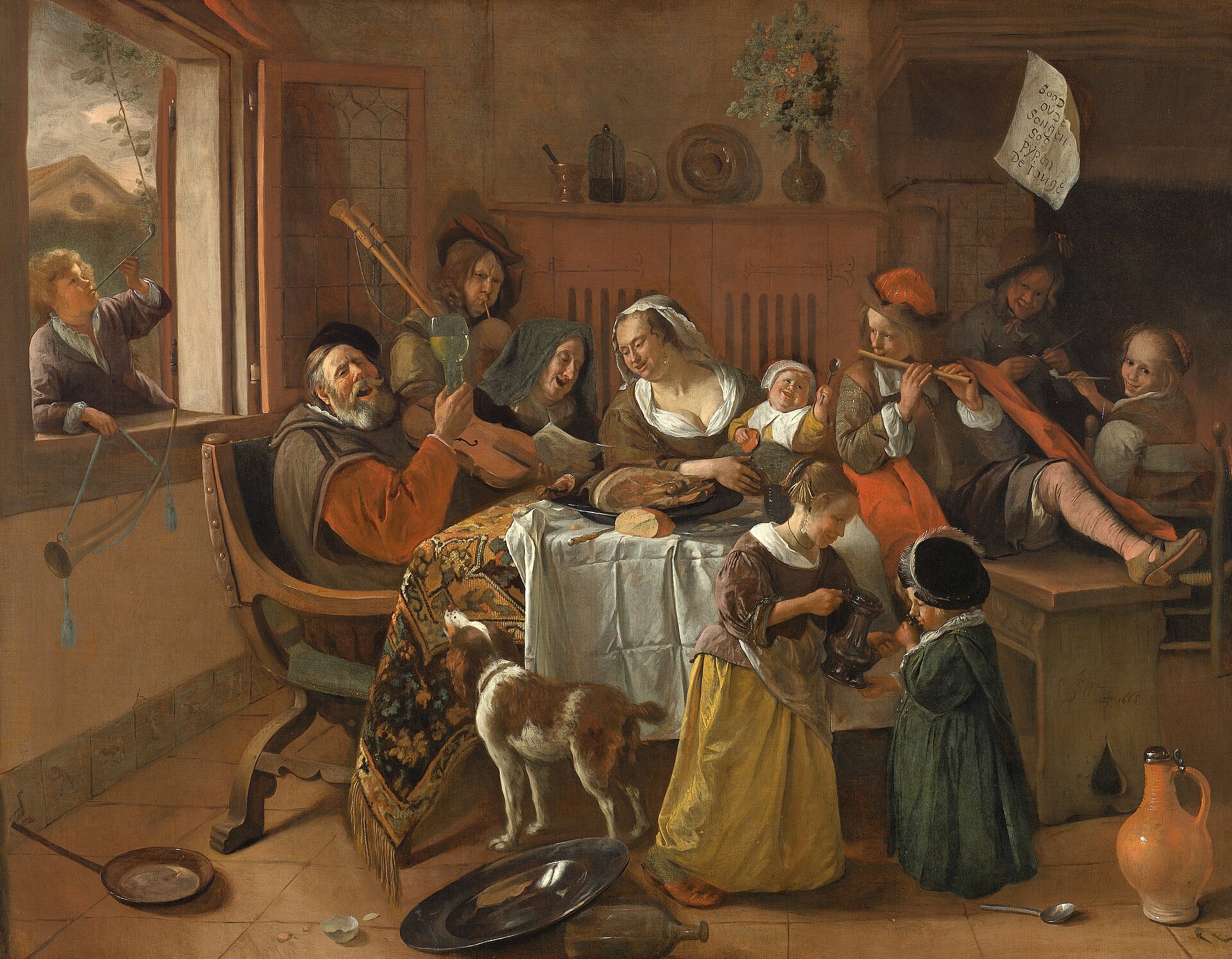 Steen's painting of a boisterous household at table, the adults drinking, singing and playing music while the children imitate them
