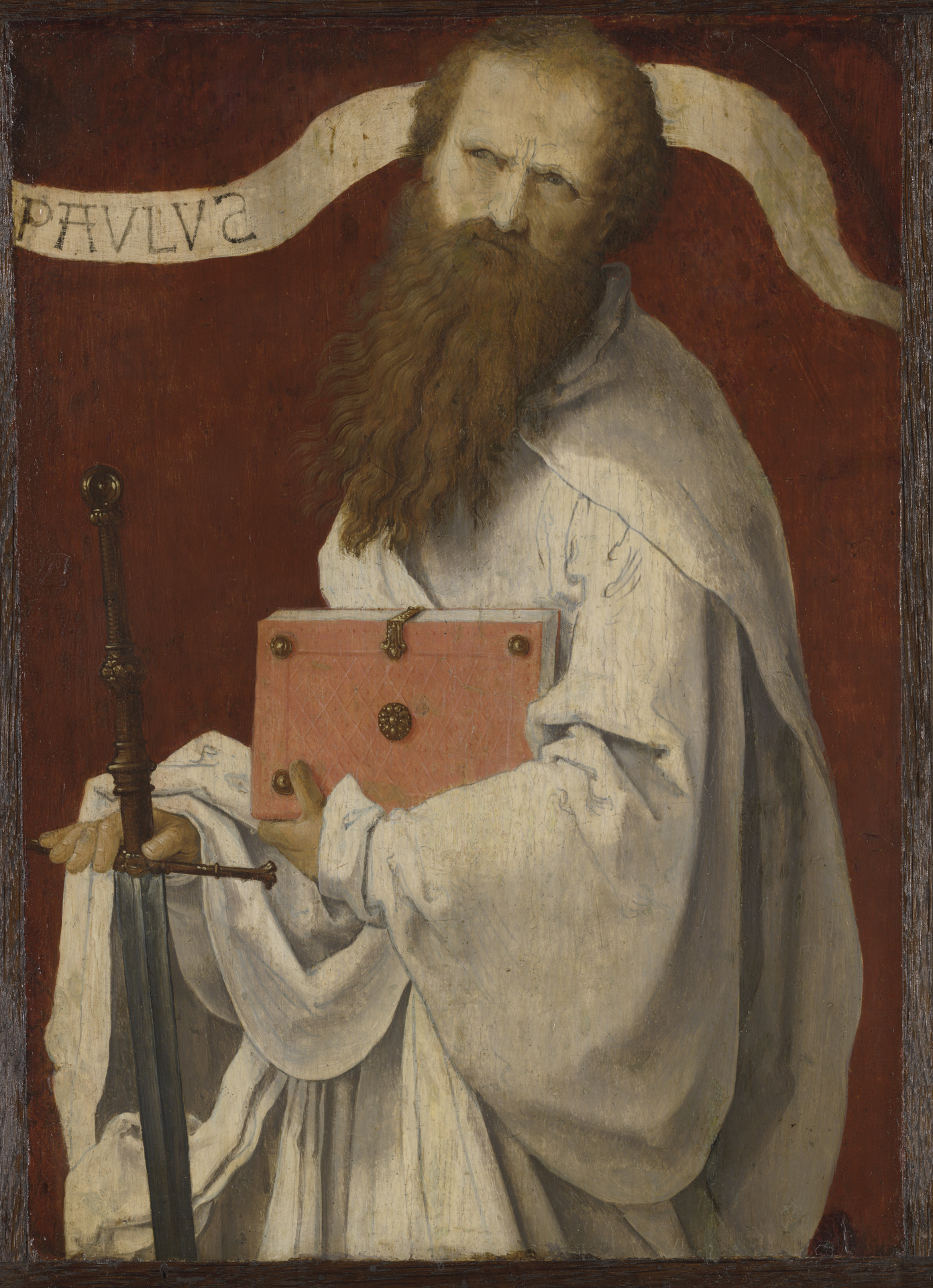 2 Timothy 2 Lucas van Leyden's painting of the bearded Apostle Paul in a white mantle, holding a red book and a sword, beneath a banner reading PAULUS