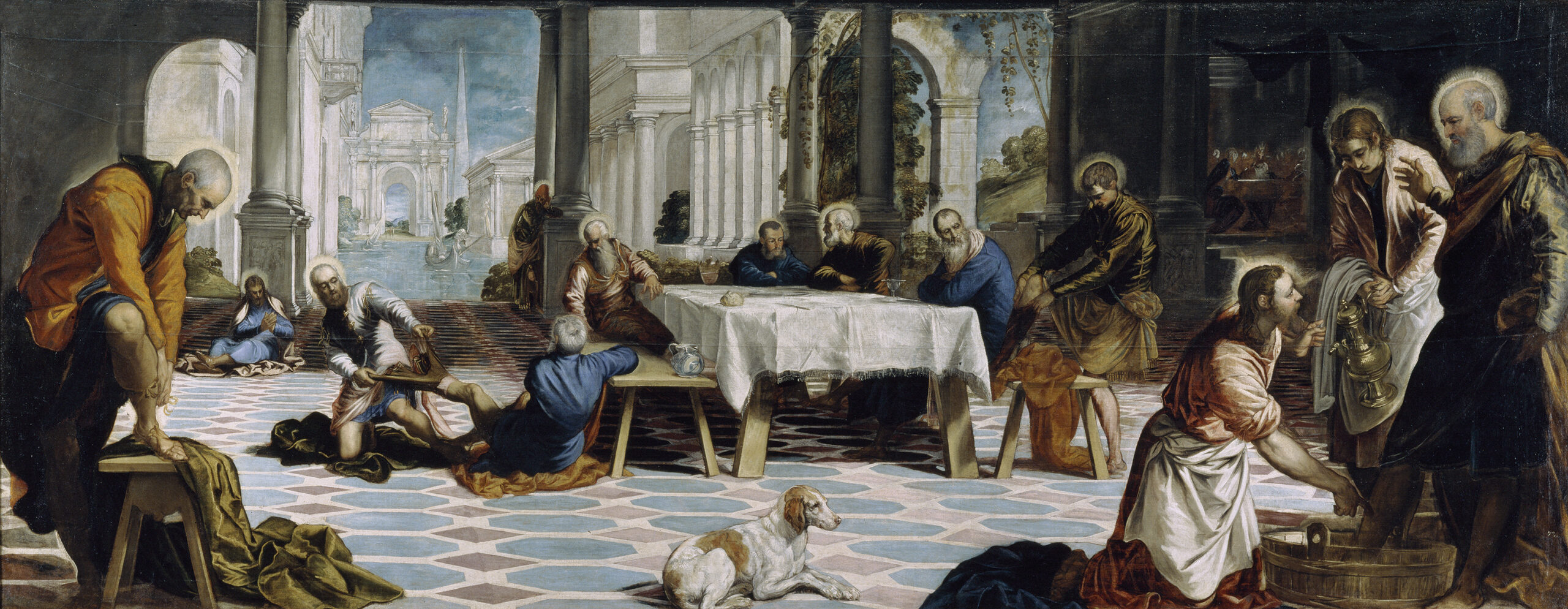 No Greater Joy 1 A wide colonnaded hall opening onto a canal, the disciples gathered around a white-covered table and pulling off their sandals, while at the right Christ, in an apron, kneels at a wooden basin to wash Peter's feet