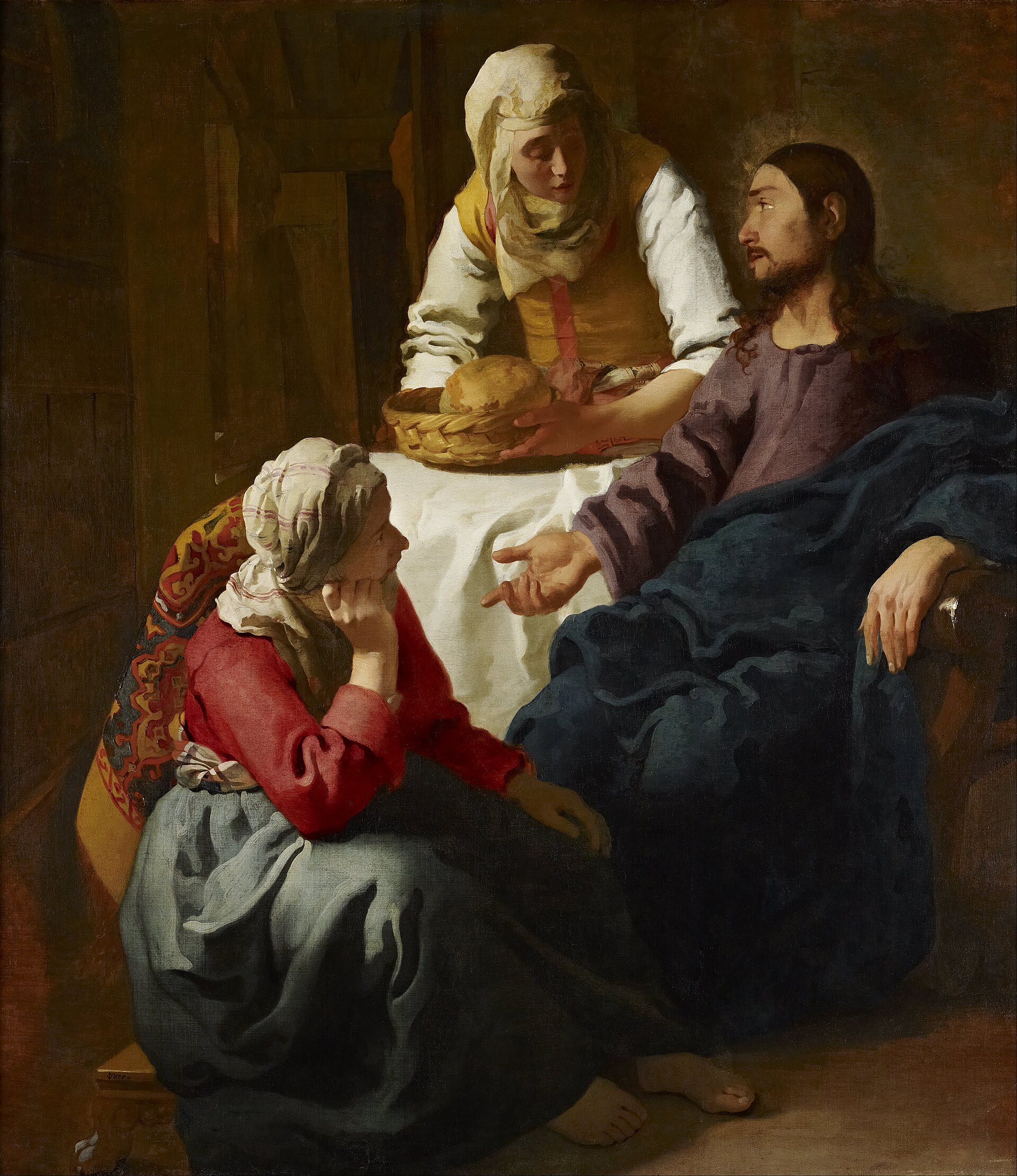 3 John 2 Christ seated in a simple room, turning to speak to Martha as she sets down a basket of bread, while Mary sits at His feet listening with her chin resting on her hand