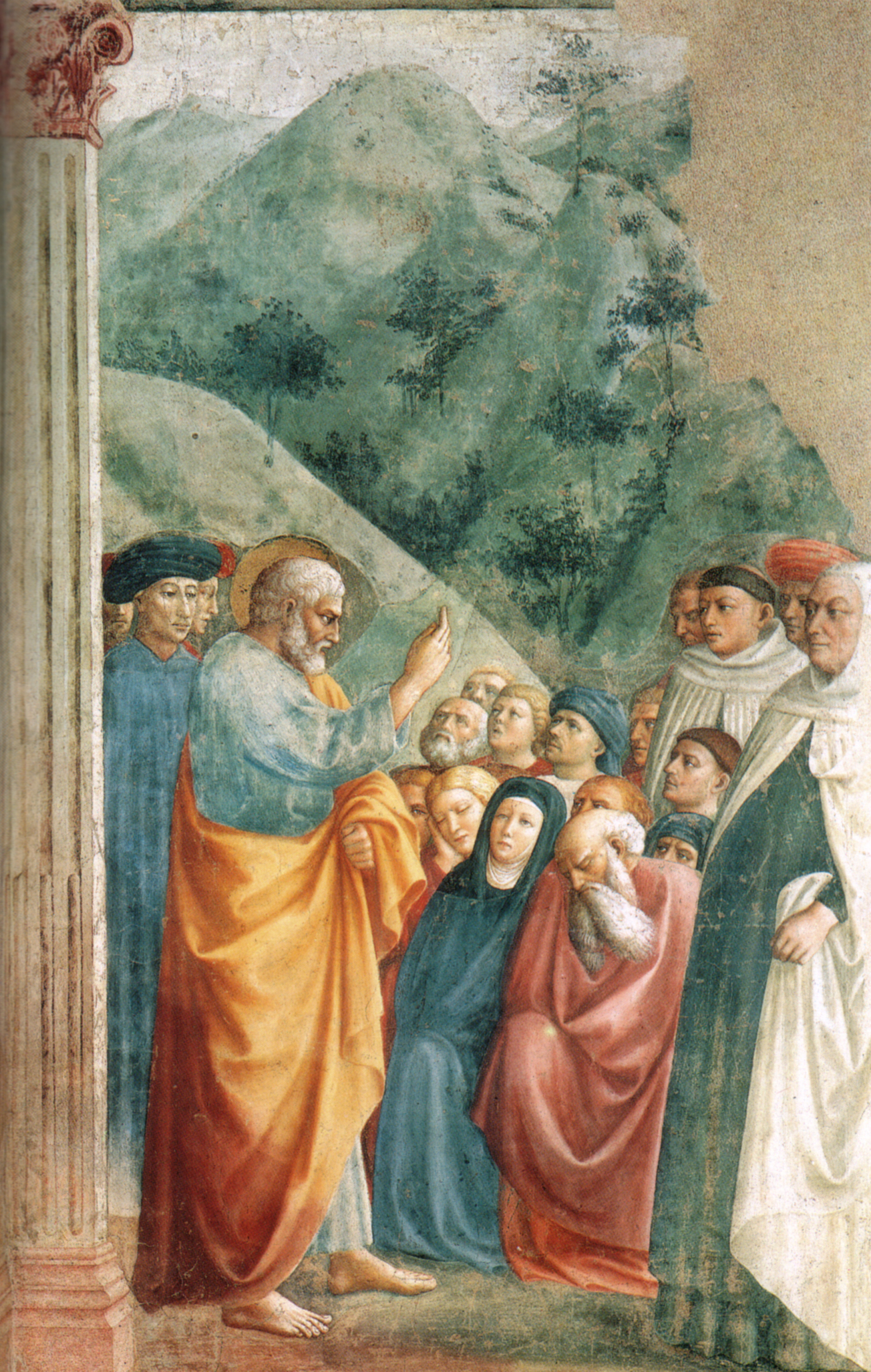 Masolino&rsquo;s St. Peter Preaching — Peter addressing a crowd, Brancacci Chapel fresco