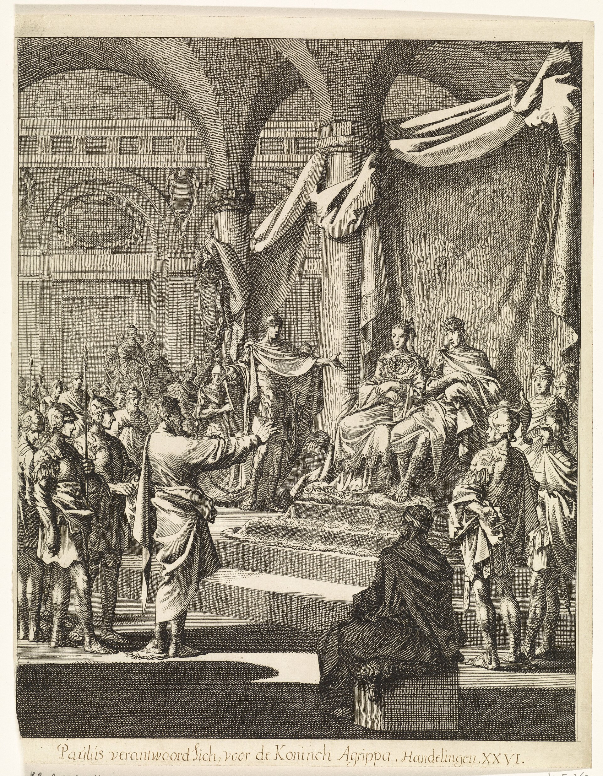 A print depicting Paul, still in chains, delivering his defense before King Agrippa
