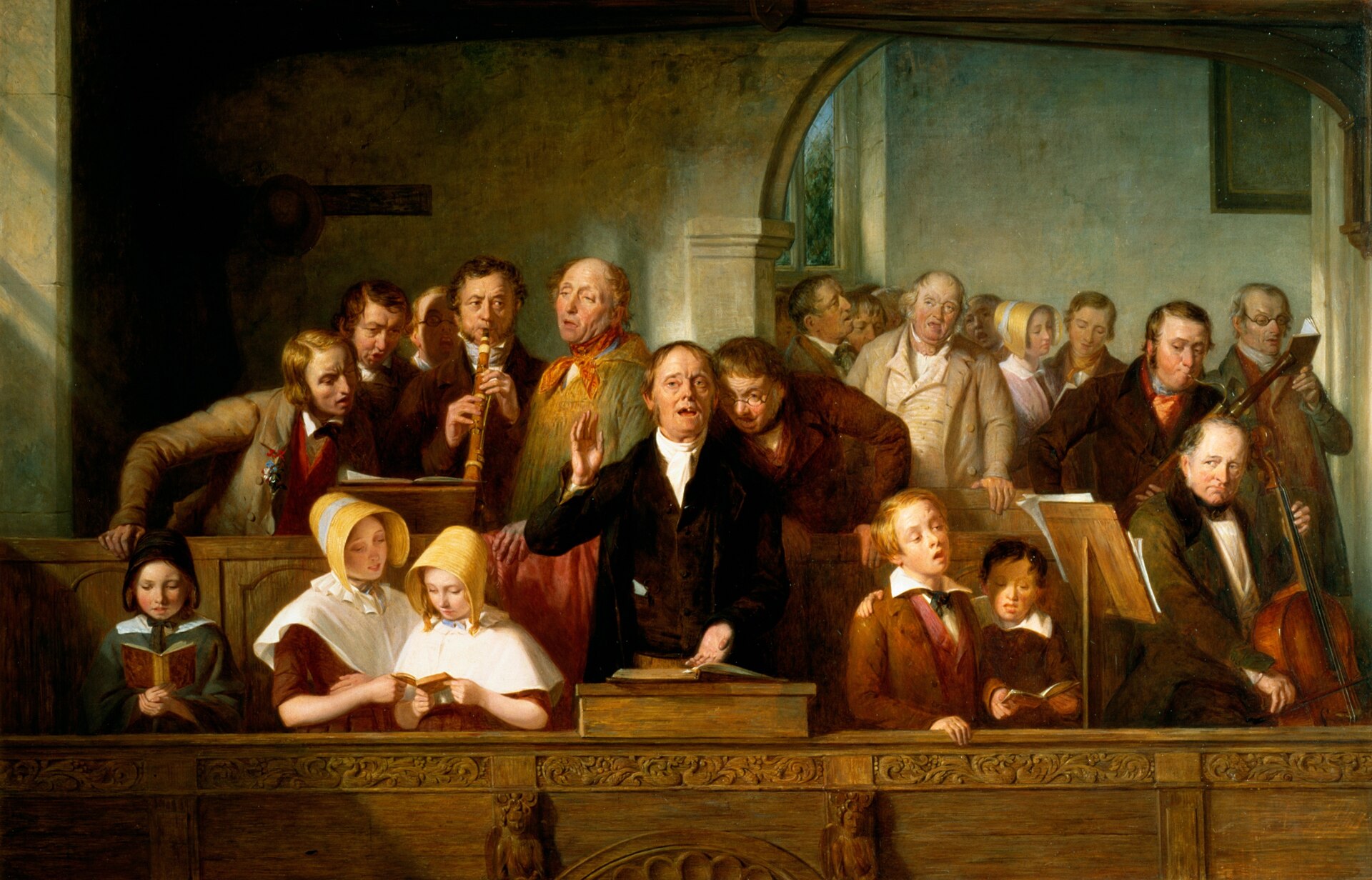 Webster's painting of a country church gallery choir, men, women and children singing from hymnbooks with fiddle, bassoon and clarinet