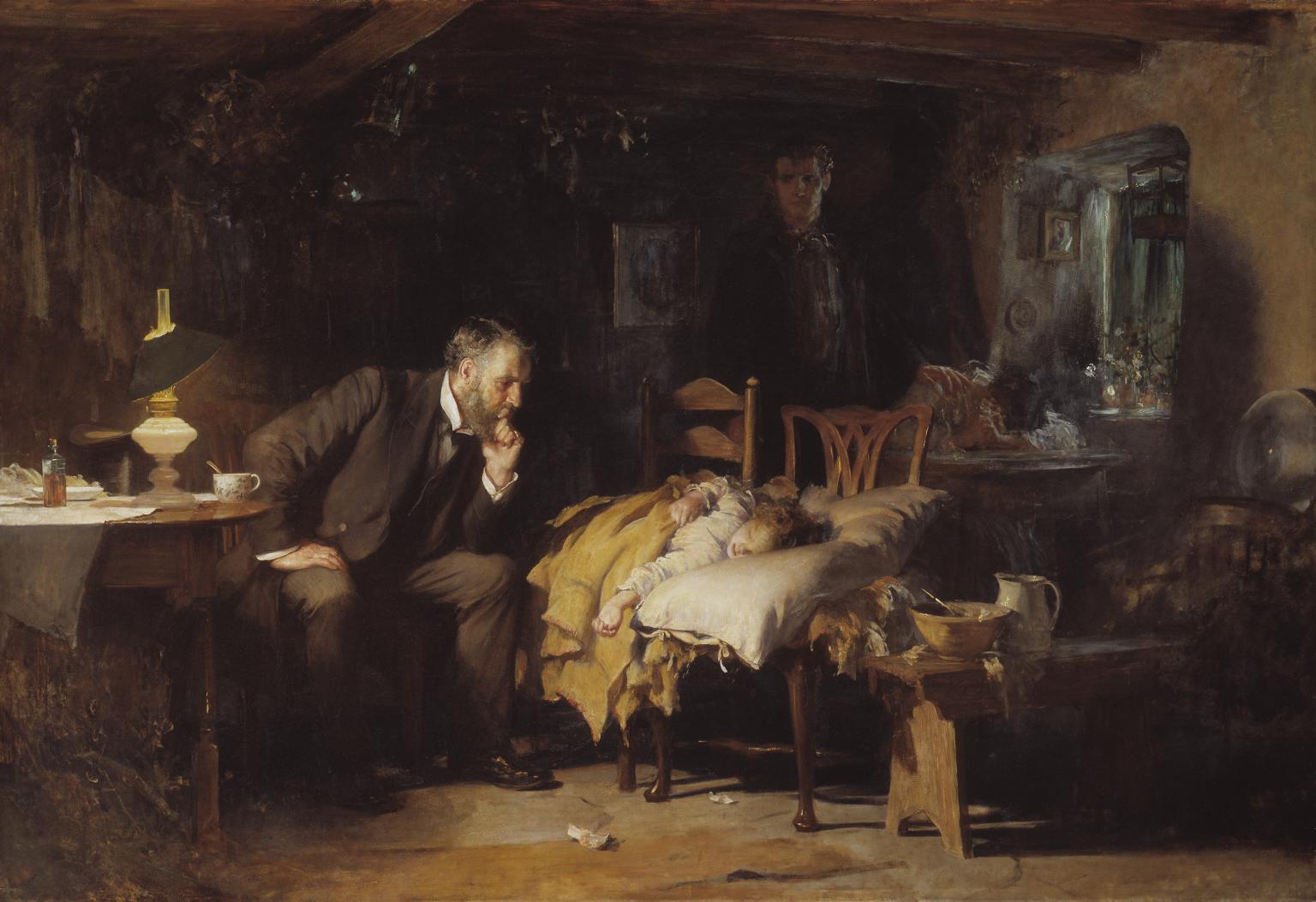 Fildes's painting of a doctor keeping watch by lamplight beside a sick child asleep on two chairs, the father standing in the shadows behind