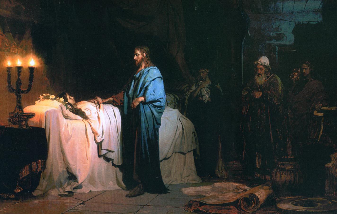 What Happens When You Die? The State Of The Dead 2 By candlelight, Jesus in a blue mantle stands beside a bed and takes the hand of a young girl lying still on white sheets, while her parents and disciples wait in the shadows