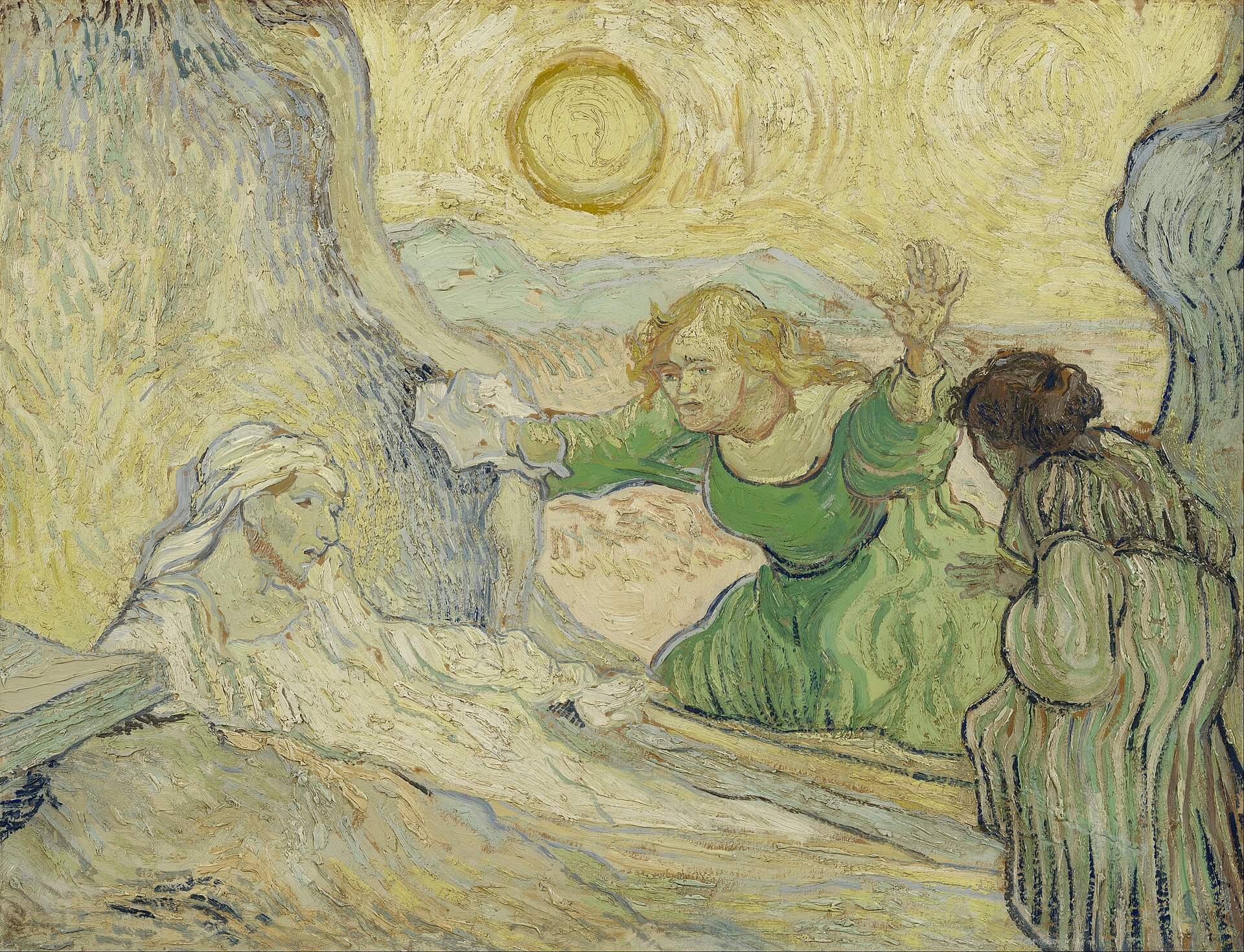 What Happens When You Die? The State Of The Dead 1 Under a huge golden sun, a pale Lazarus wrapped in white grave clothes wakes and sits up in his tomb, while one sister in green throws her arms wide in astonishment and another leans in to look