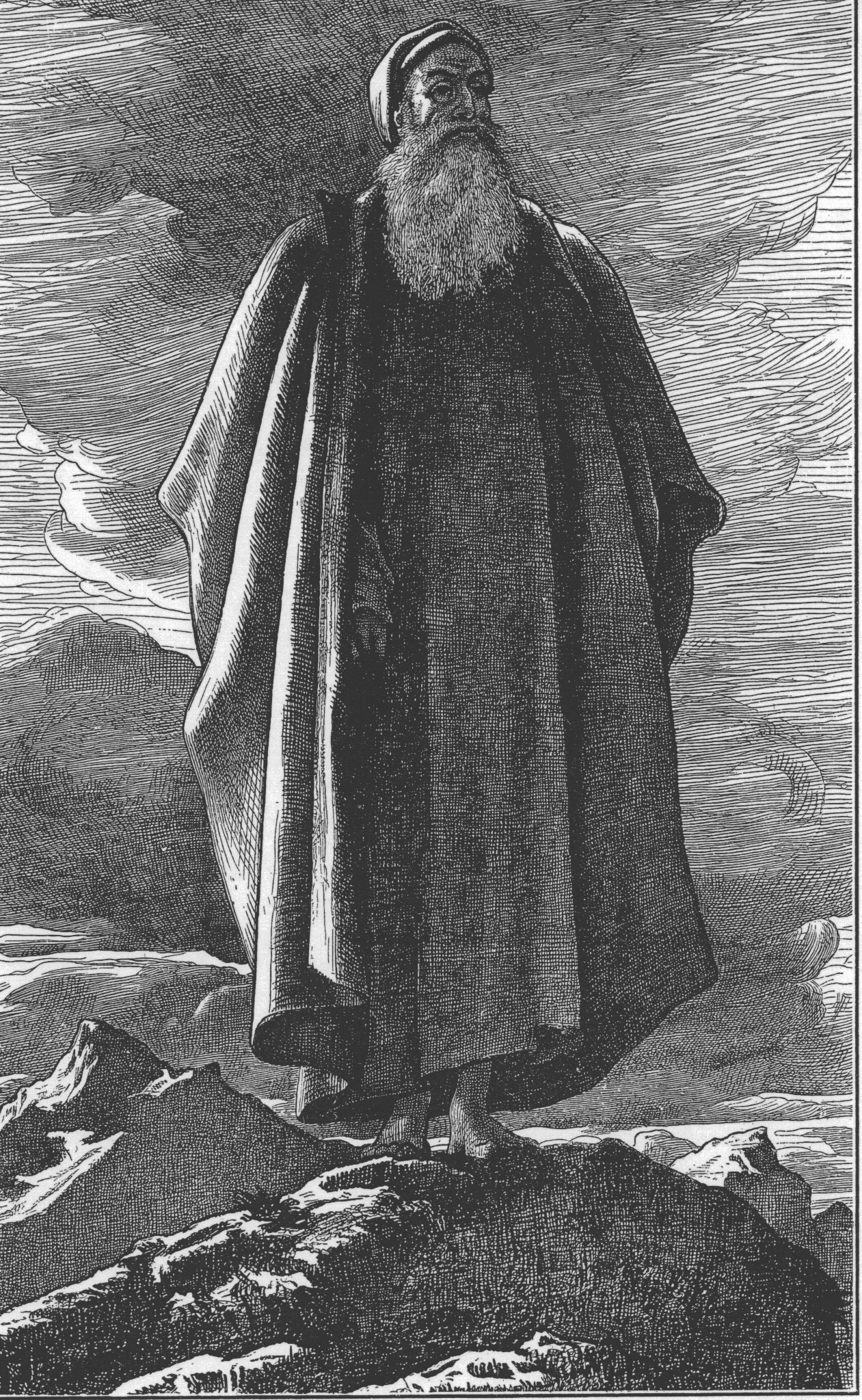 Deuteronomy 2 Moses, cloaked and white-bearded, standing alone on a windswept mountain summit looking out over the land, in a wood-engraving after Frederic Leighton