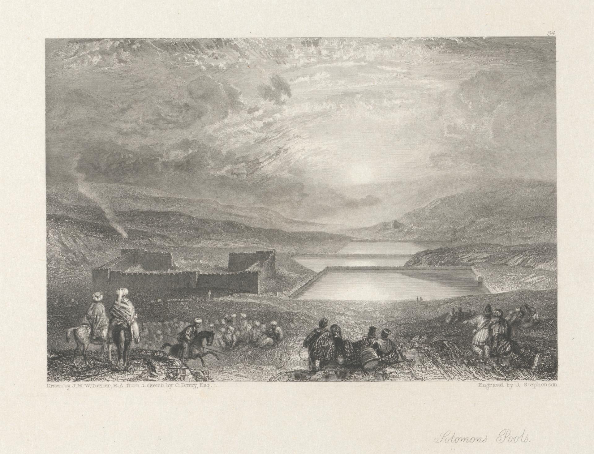 A steel engraving of three great stone reservoirs stepping down a wide valley beside a walled fort, under a vast cloudy sky, with travellers, horsemen and a resting caravan in the foreground