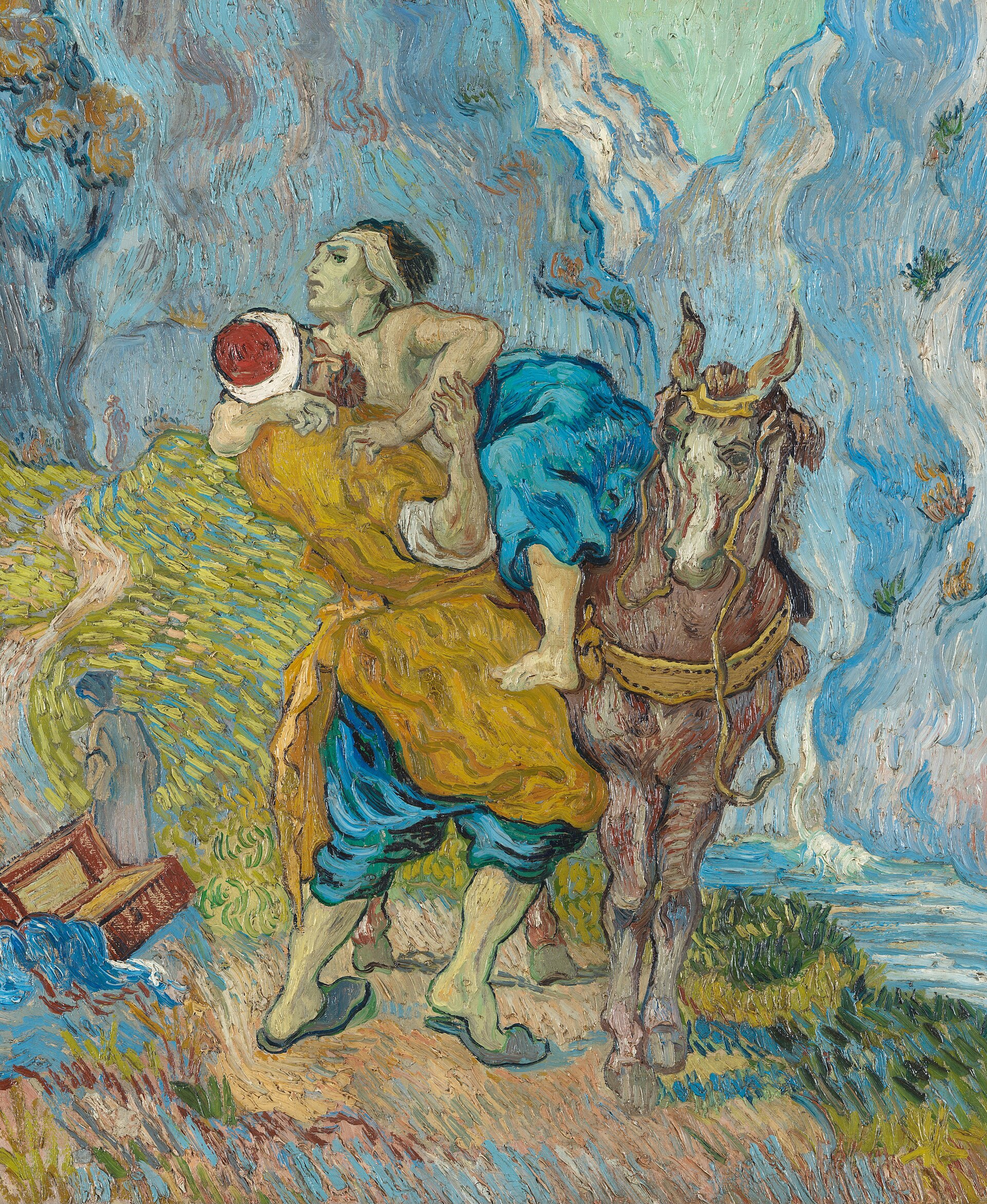 A Threefold Cord 1 In swirling blues and golds, a Samaritan in a yellow robe strains to lift a wounded, bandaged traveller onto his horse beside a mountain road, while in the distance two figures walk away