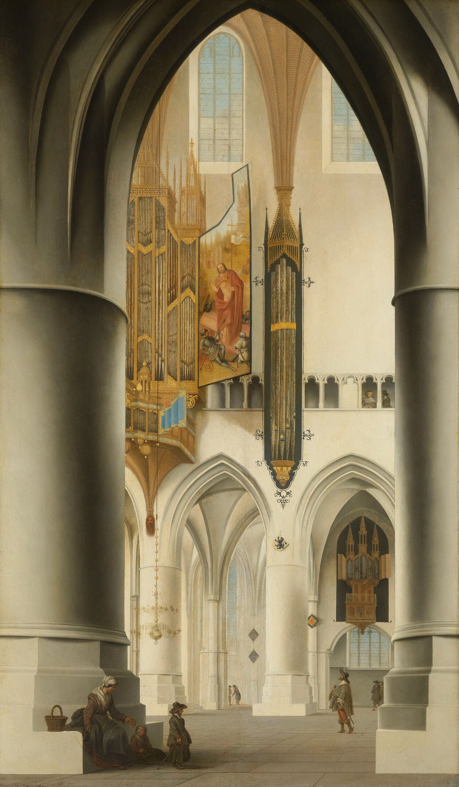 The tall, light-filled interior of a whitewashed Gothic church seen between two massive columns, with a great gilded organ high on the wall, a few quiet visitors, and a poor woman with her children seated at the foot of a pillar