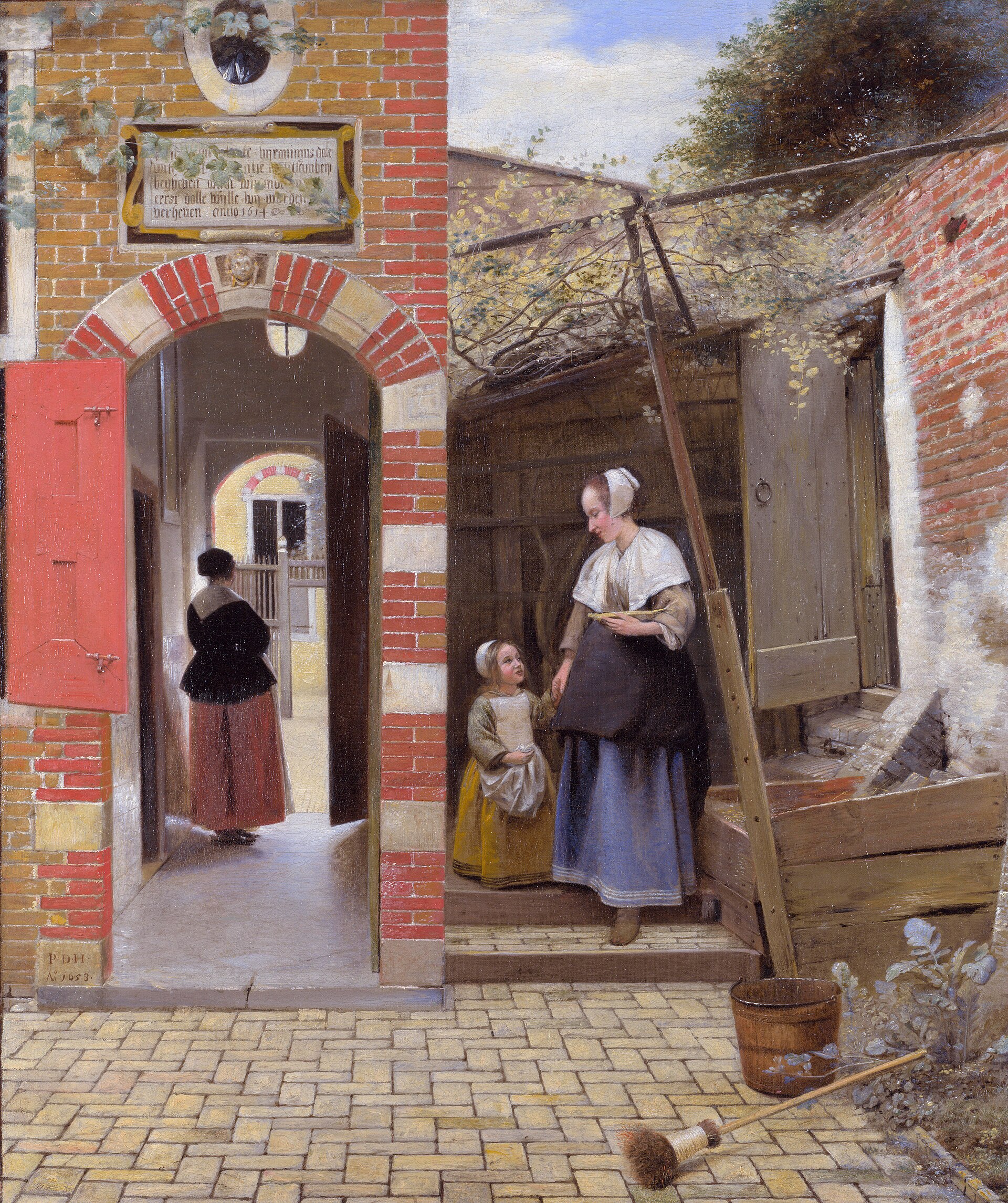A sunlit brick courtyard in Delft where a woman holding a dish leads a small girl by the hand down a step, while through an arched passage another woman stands looking out toward the street