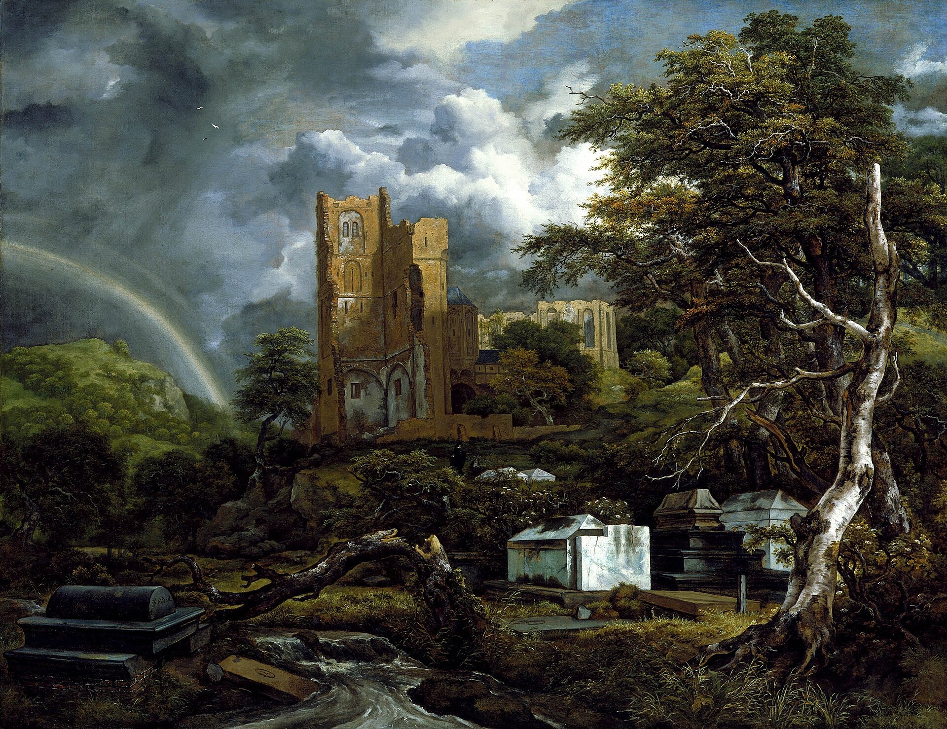Weathered white tombs beside a rushing stream and a broken dead tree in a wild landscape, a ruined church tower behind them under dark storm clouds, with a rainbow arching across the sky