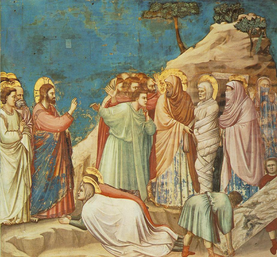 The Dead Know Not Any Thing 1 Christ raises His hand toward Lazarus, who stands wrapped in grave clothes at the mouth of a rock tomb, supported by onlookers who cover their faces, while Mary and Martha kneel at Jesus' feet and two men lift away the stone