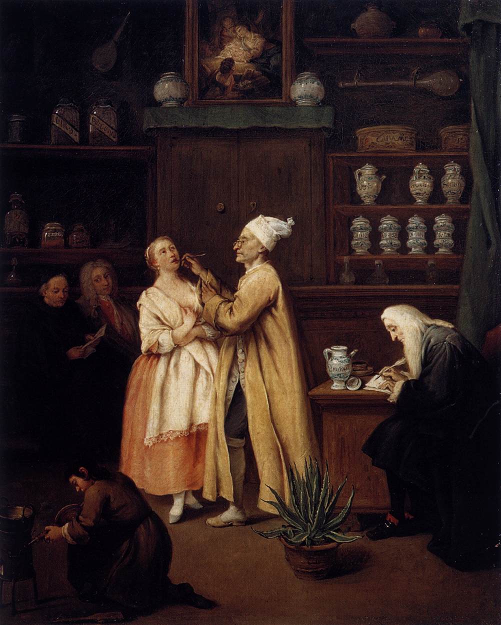 In a Venetian pharmacy lined with painted jars and ointment pots, the apothecary in a white cap and yellow gown examines a young woman's mouth while a clerk writes at a desk and customers wait in the shadows