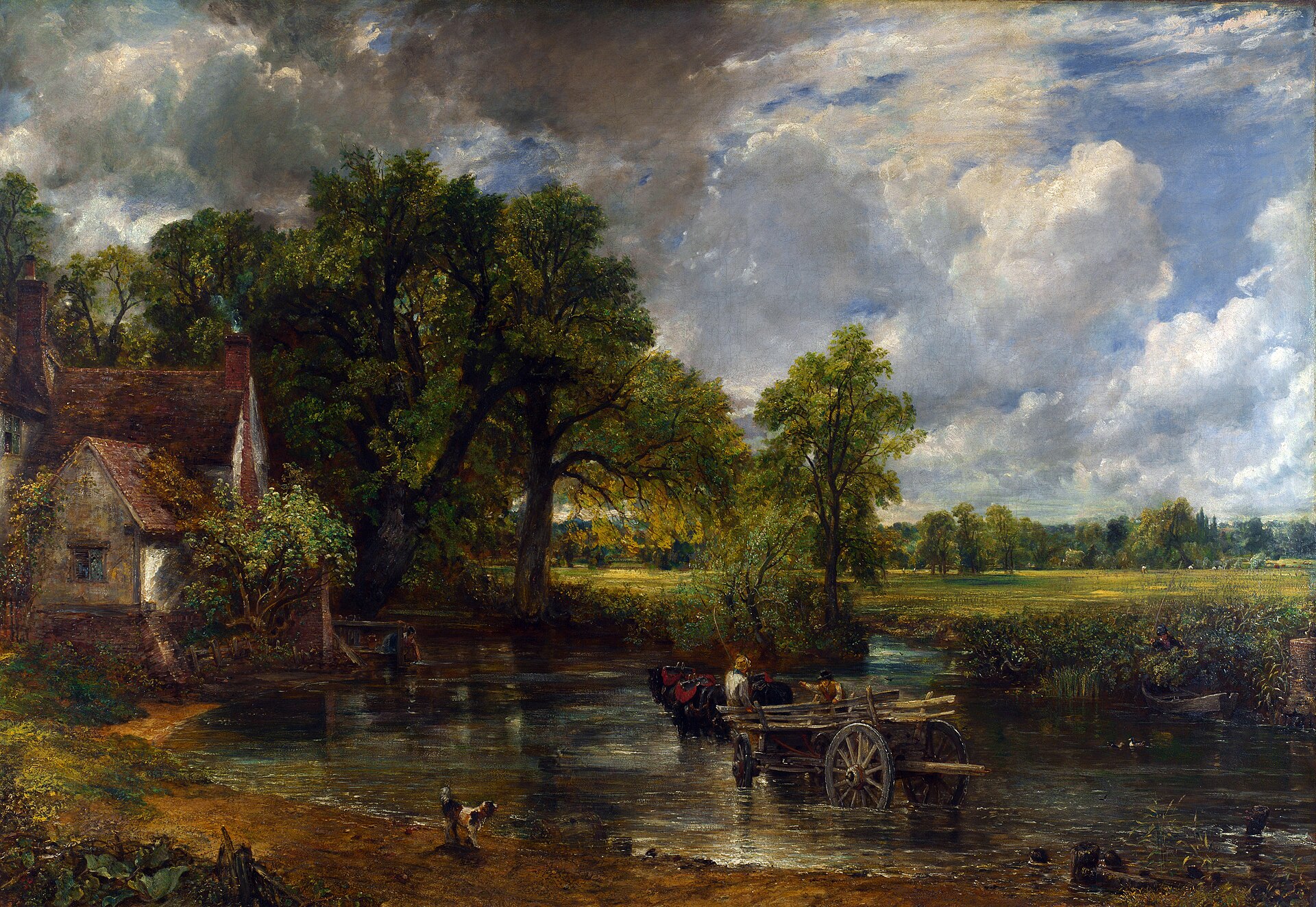 Cast Thy Bread Upon The Waters 1 A horse-drawn hay cart fords a shallow river beside a small cottage and trees in the English countryside, under a wide sky of heavy, drifting rain clouds and sunlit fields beyond