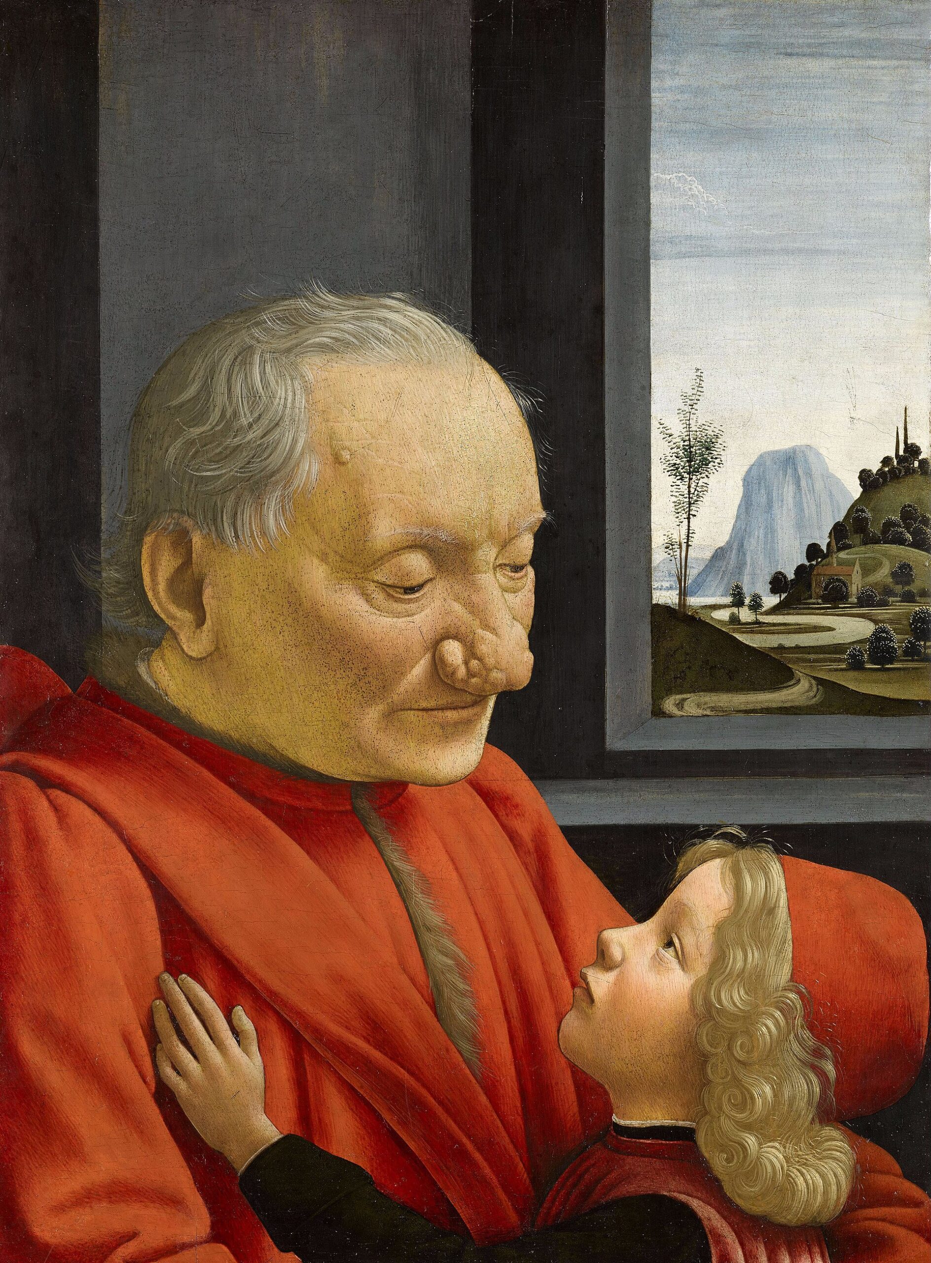 Remember Now Thy Creator 1 An elderly man with thin grey hair and a gentle expression, dressed in red, looks down tenderly at a curly-haired young boy who gazes up at him and rests a hand on his chest, beside a window opening onto a hilly landscape