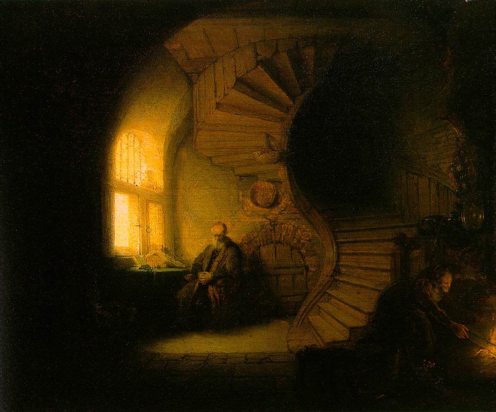 Ecclesiastes 2 An old man sits with folded hands in a dim, vaulted room beside a sunlit window, a great spiral staircase winding up into the darkness beside him while a woman tends the fire below