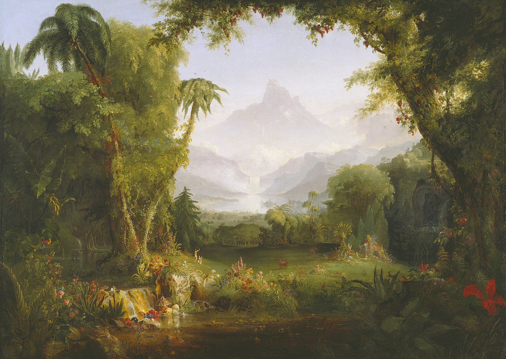 Thomas Cole's painting of the Garden of Eden, a sunlit valley of trees, flowers and waterfalls beneath a distant mountain