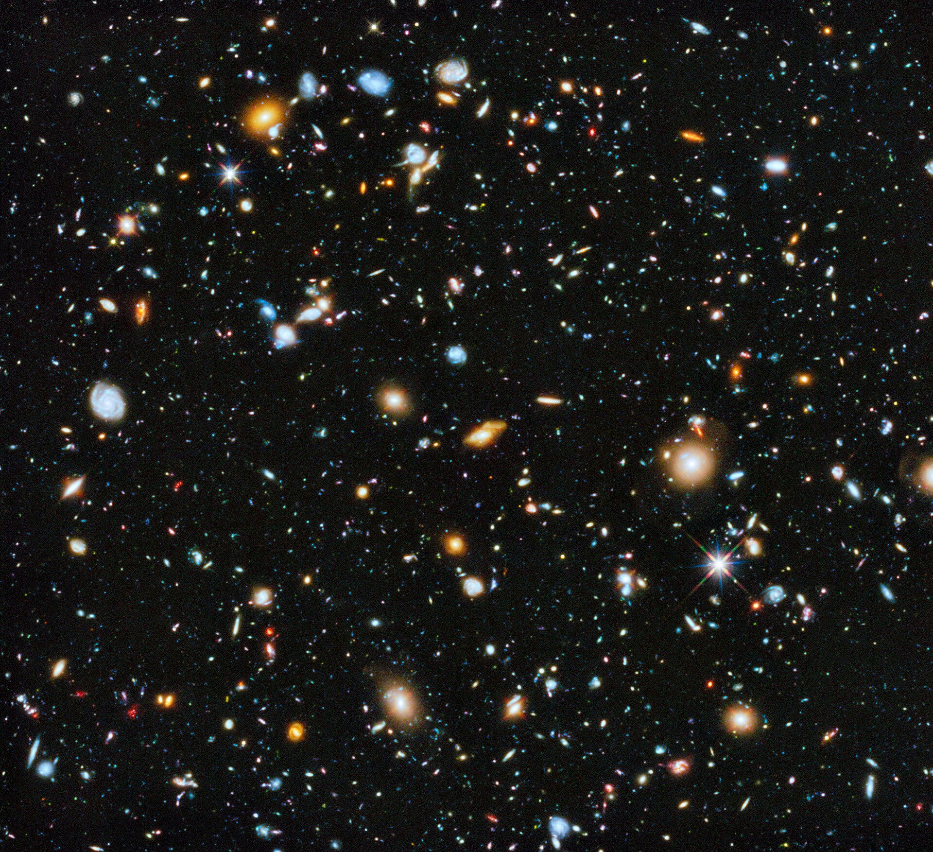 The Hubble Ultra Deep Field, thousands of distant galaxies scattered across a patch of black sky