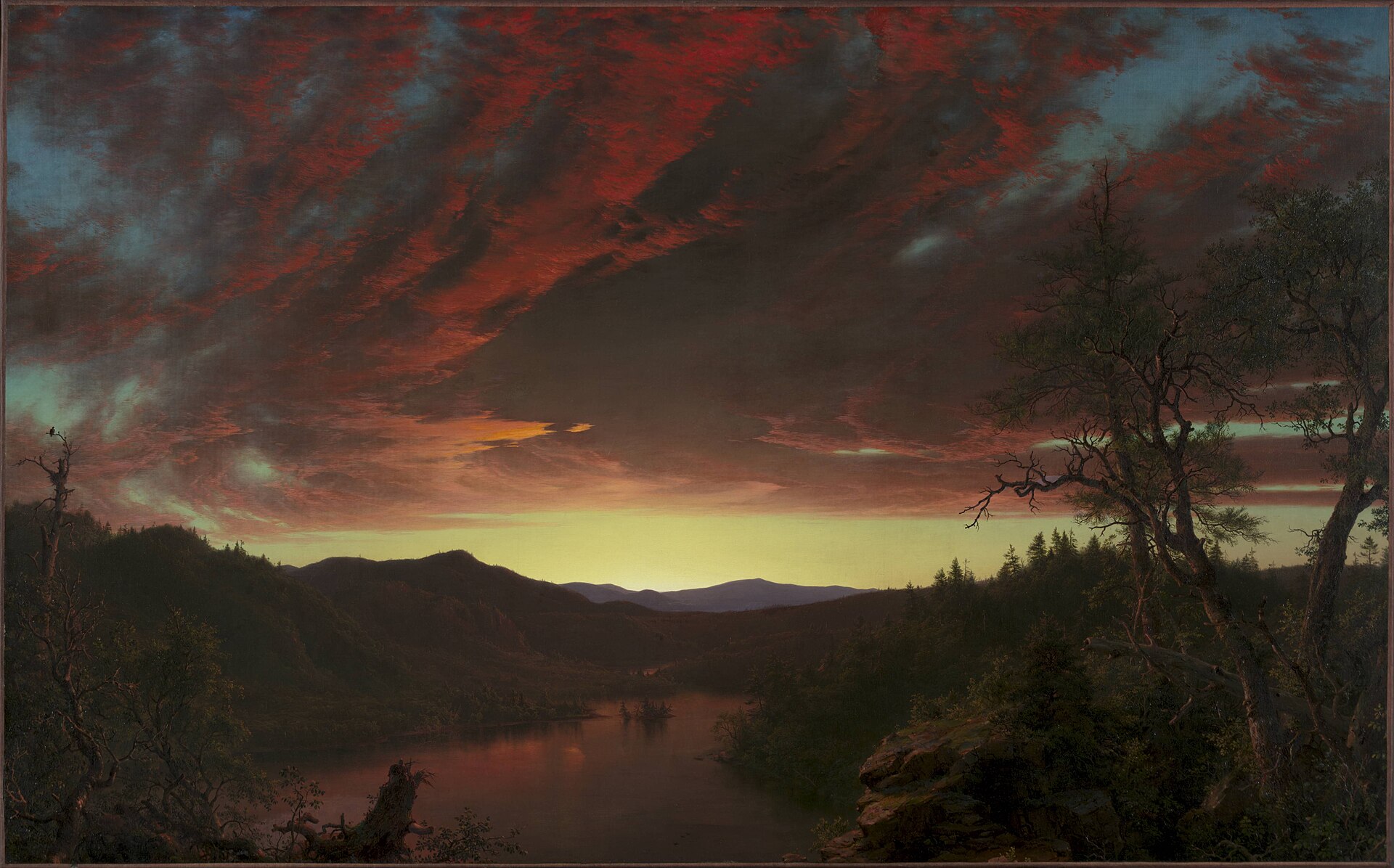 Grieve Not The Holy Spirit Of God 1 Frederic Edwin Church's painting of a blazing red sunset over a wilderness lake and mountains