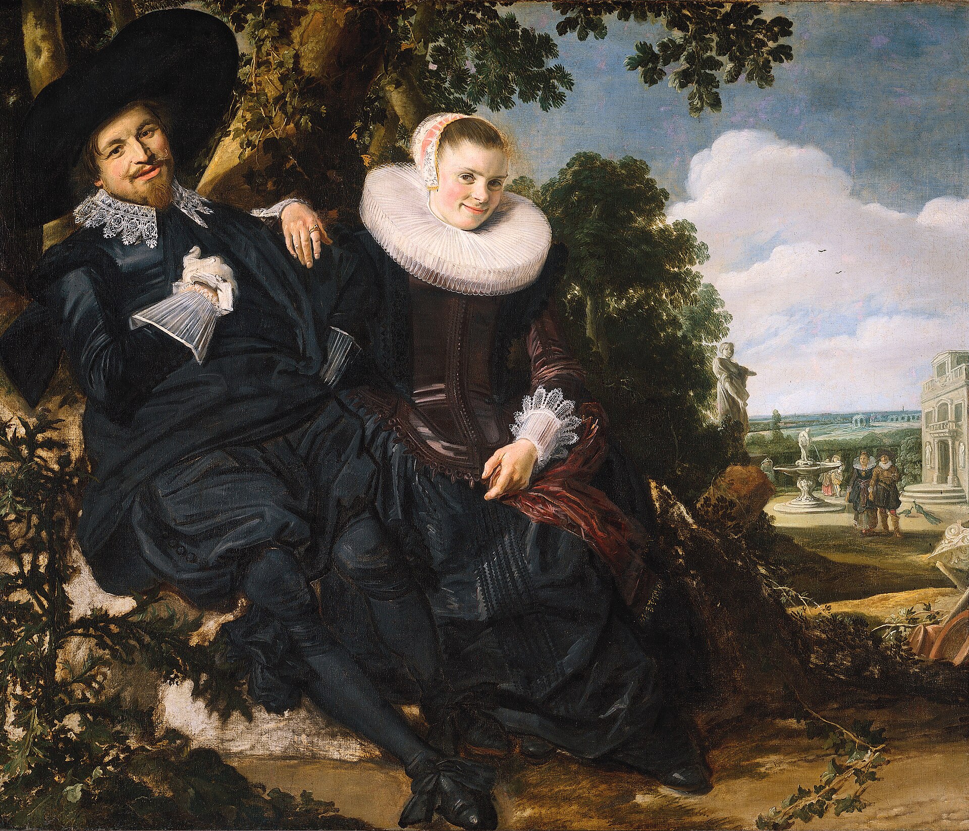 Frans Hals's portrait of a newly married Dutch couple seated together beneath a tree, the wife resting her hand on her husband's shoulder