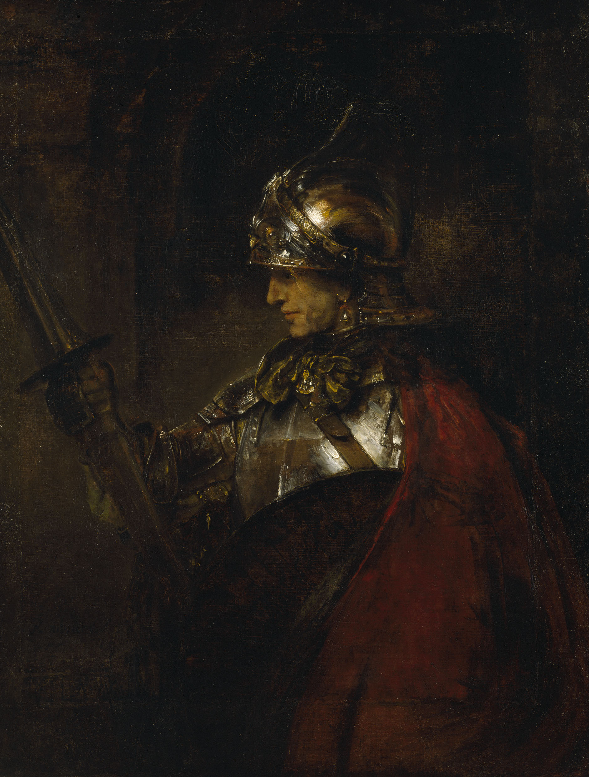 Rembrandt's painting of a man in a gleaming helmet and breastplate, holding a sword and shield beneath a red cloak