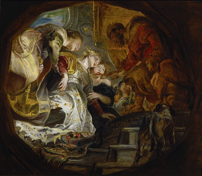 Queen Esther fainting or bowing before King Ahasuerus on his throne as she approaches him uninvited, in a painting by Peter Paul Rubens