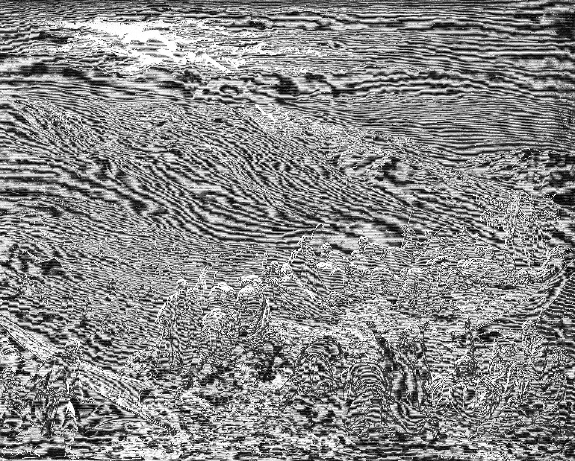 Exodus 2 The children of Israel gathered at the foot of Mount Sinai as the law is given, in Gustave Doré’s engraving