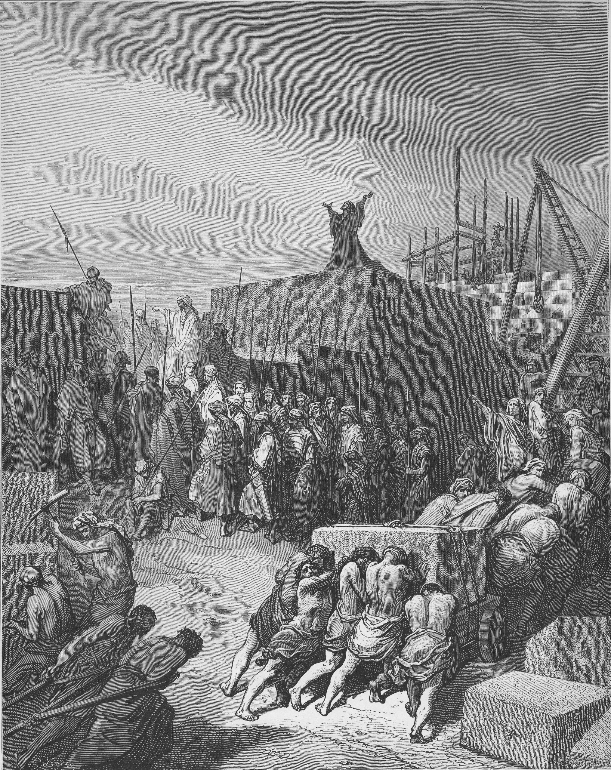 Ezra 2 Workmen laying stone foundations for the rebuilt temple at Jerusalem while a figure stands atop the wall with arms raised in a Gustave Dore engraving of the returned exiles at work