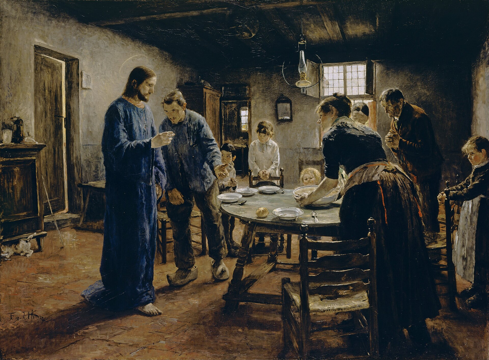 In a plain farmhouse kitchen, Jesus in a blue robe stands at the door as a working man welcomes Him toward the supper table, where his wife serves the soup and the children and grandparents stand with folded hands to pray