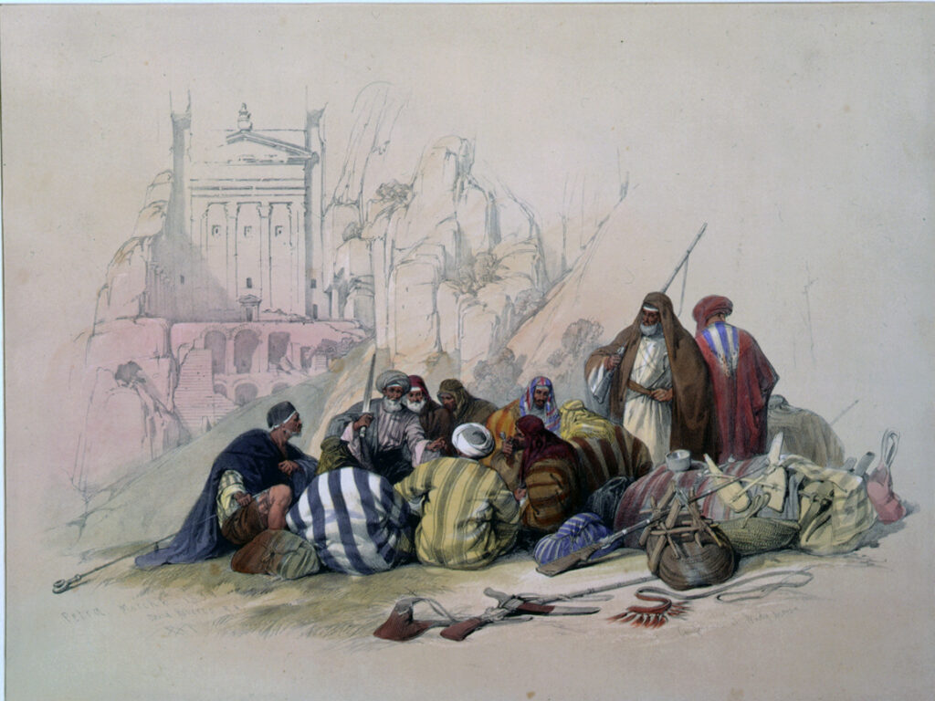 David Roberts's lithograph of a desert encampment before the ancient rock-cut facade at Petra