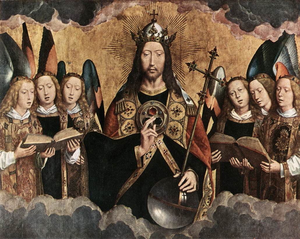 Christ crowned and robed as king, holding a sceptre and resting his hand on an orb, with choirs of singing angels on either side of him above the clouds