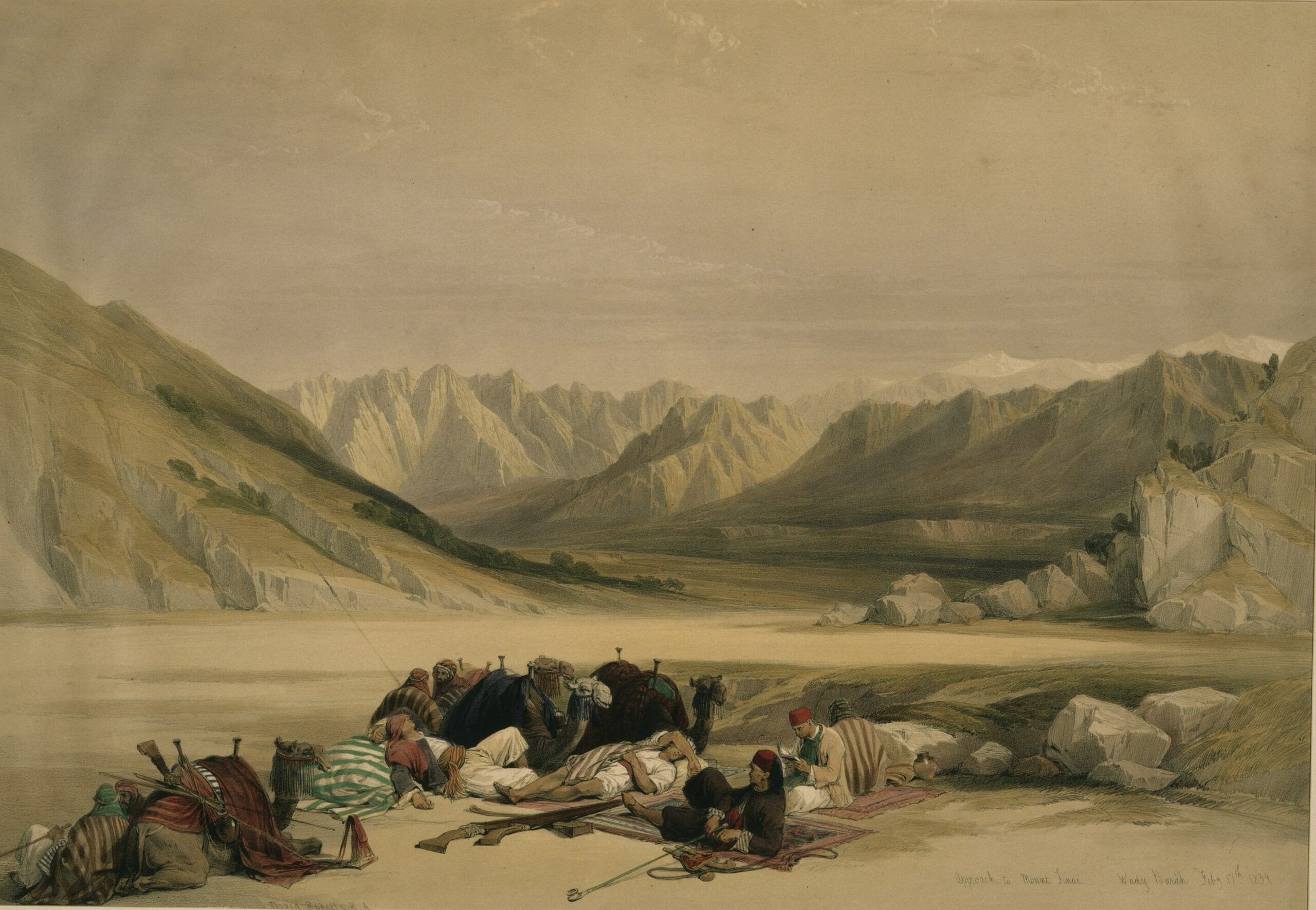 A caravan of travellers and camels resting on a wide desert plain beneath the bare granite mountains of Sinai