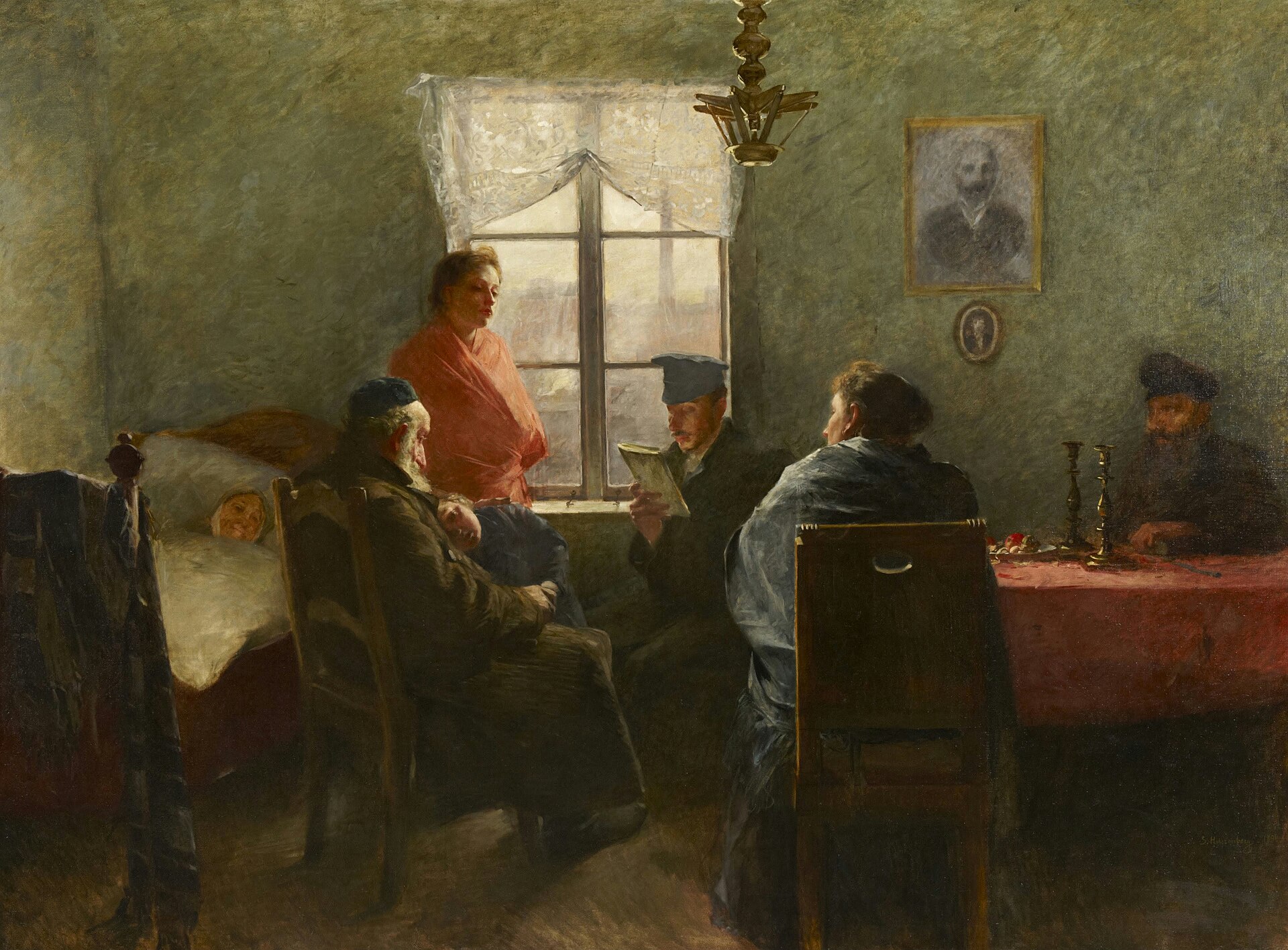 There Remaineth Therefore A Rest 1 A poor Jewish family resting on a Sabbath afternoon in a small room, an old man seated by a bed, a young man reading by the window, Sabbath candlesticks on the red tablecloth