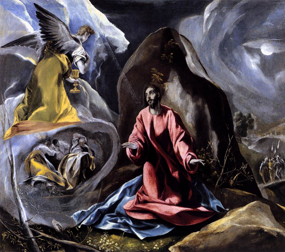 Christ kneeling in prayer on a rocky ledge as an angel appears to him on a cloud, the three disciples asleep in a hollow below