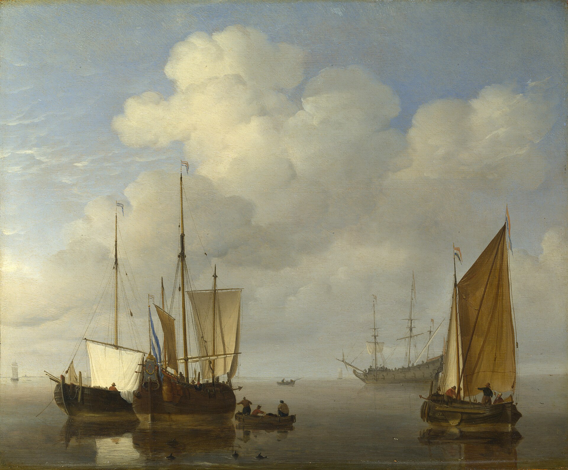 An Anchor Of The Soul 1 Dutch sailing vessels lying still at anchor on a glassy sea beneath towering white clouds