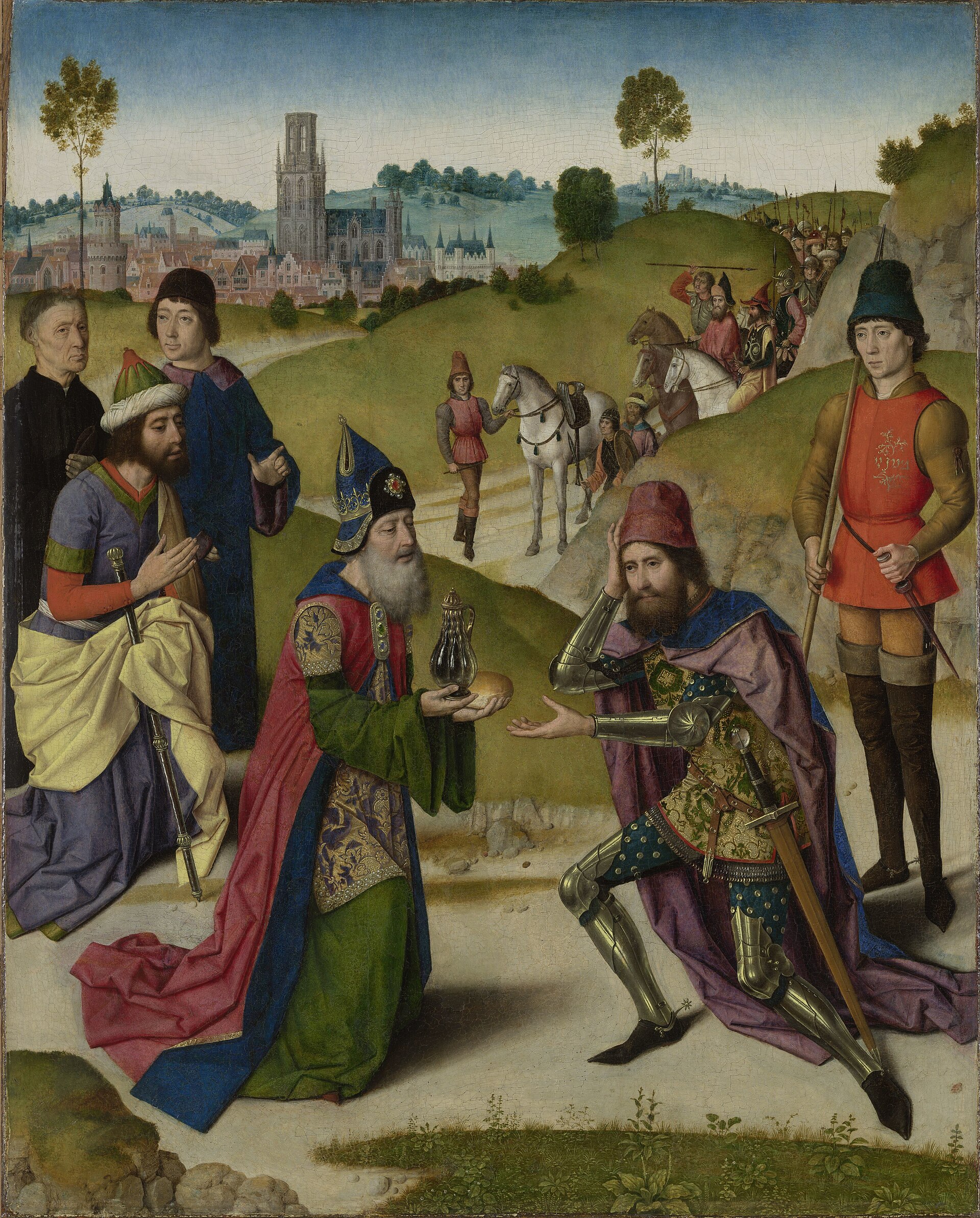 After The Order Of Melchisedec 1 Melchizedek in priestly robes offering bread and a flask of wine to Abraham, who kneels before him in armour, with soldiers and horses on the road behind